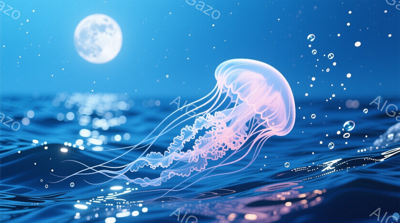 深い青色の海の中に、半透明で長い触手を揺らすクラゲが浮かんでいる。月明かりが海面を照らし、水面にきらめく光の反射と小さな泡が幻想的な雰囲気を醸し出している。静かで穏やかな夜の海を表現しており、神秘的な - AI生成フリー素材