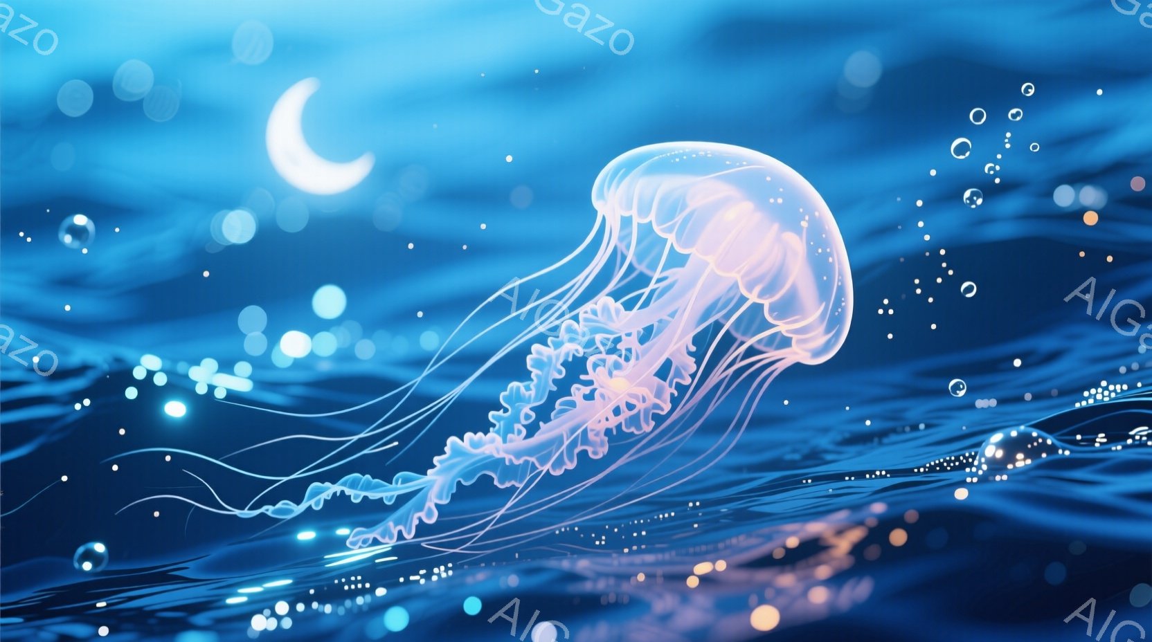 鮮やかな青い海の中に、光り輝く水母が優雅に漂っている。水母は半透明で、繊細な触手が長く伸び、まるで光の筋のようになっている。背景にはぼんやりとした月の光と、キラキラと輝く無数の光点が散りばめられ、幻想的な雰囲気を醸し出している。
