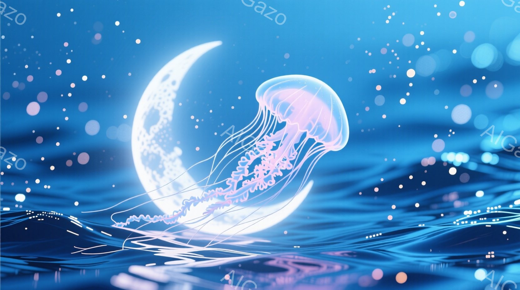 月明かりを背景に、発光するクラゲが水面を漂っている幻想的な光景が描かれている。クラゲの身体は半透明で、繊細な触手が月光に照らされ、まるで夜空の星屑のように輝いている。水面には光の粒子が舞い、神秘的で穏 - AI生成フリー素材
