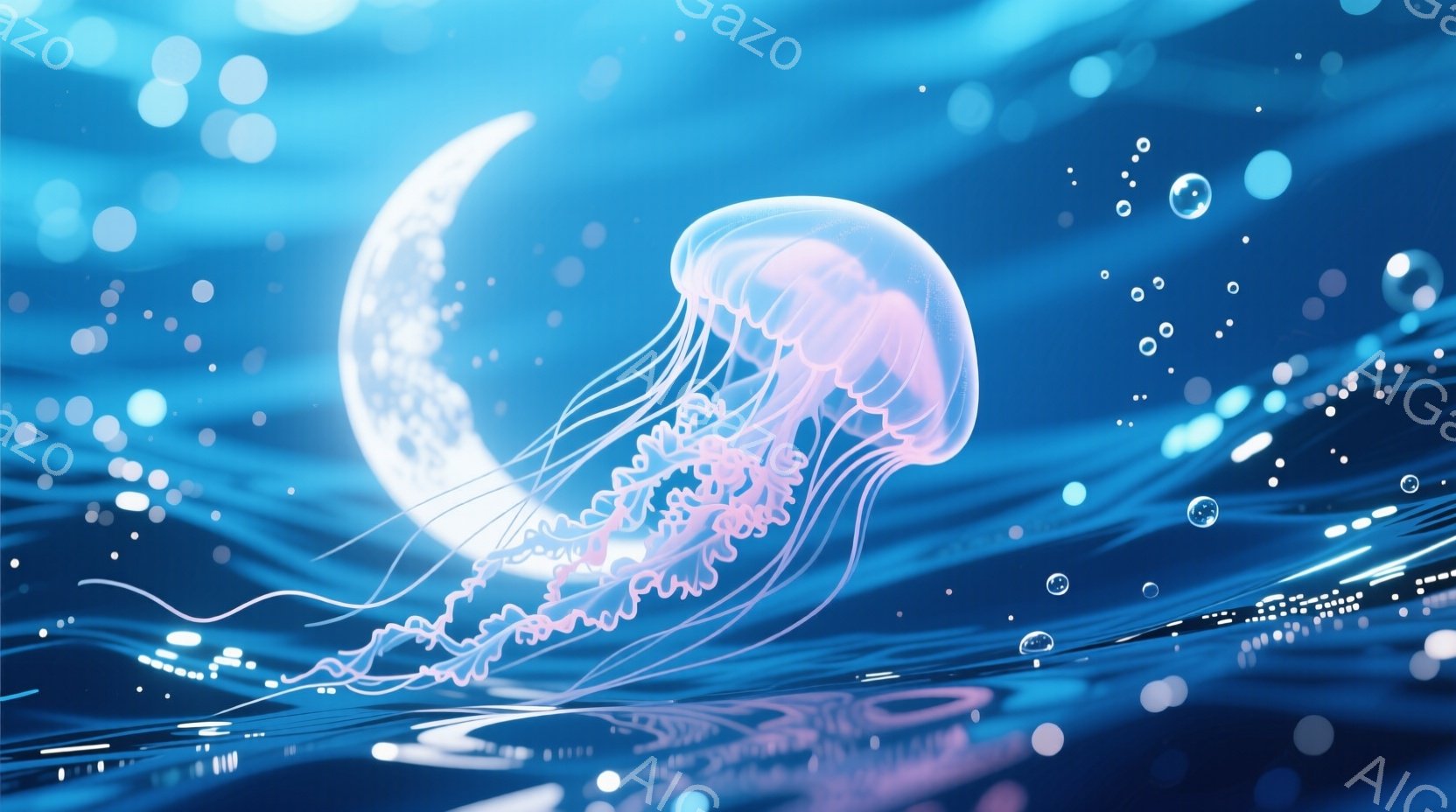 明るい青色の背景に、半透明のピンク色のクラゲがゆったりと漂っている。クラゲの触手は長く、複雑な形をしており、背景の光を反射して輝いている。背景にはぼやけた光の粒子や、水面を模した線があり、幻想的で神秘的な雰囲気を醸し出している。