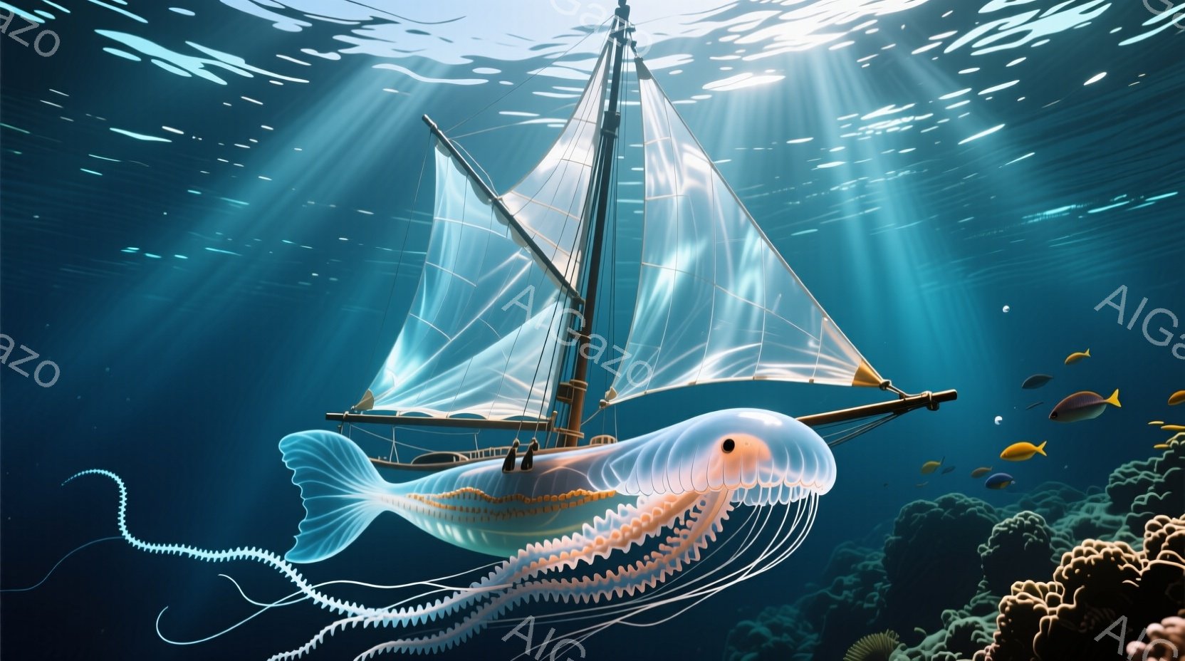 海中を巨大なクラゲのような生物が、帆船を背負って優雅に漂っている様子が描かれている。生物の発光体は半透明で、内部にオレンジ色の構造が見え、多数の触手が優雅に波打っている。背景には水中のサンゴ礁や魚たちが点在し、光線が差し込むことで幻想的な雰囲気を醸し出している。