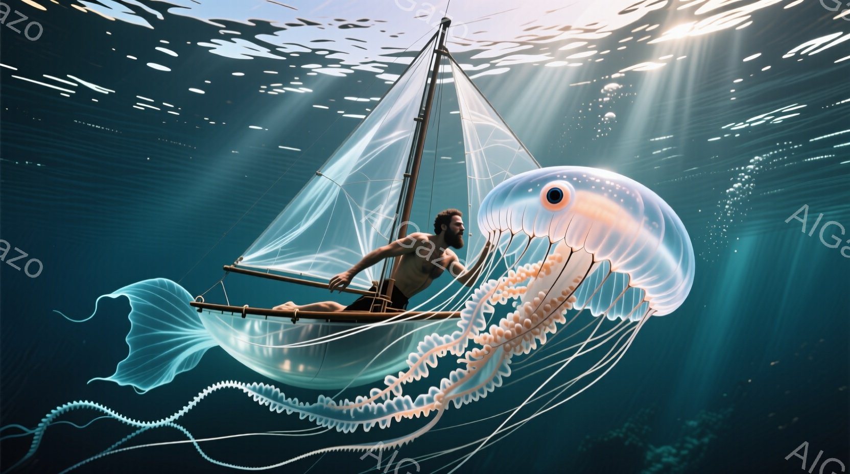 ひげを生やした男性が、巨大なクラゲを船に見立てて海中を進んでいる。クラゲの傘の部分が帆の役割を果たし、男性はオールで操縦しているように見える。背景は青い海中であり、光線が差し込み幻想的な雰囲気を醸し出している。