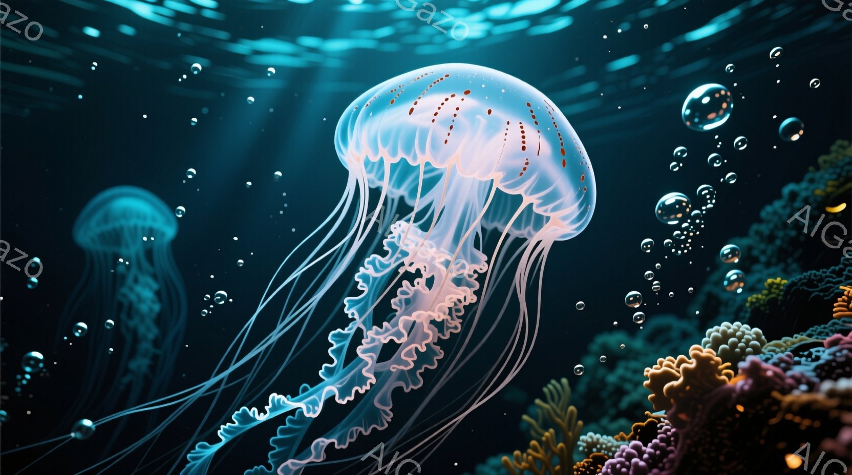 深い青色の海中に、2匹のクラゲが漂っている様子が描かれています。手前のクラゲは淡いピンク色を帯びており、触手は繊細で優雅な曲線を描き、まるで光を放っているかのようです。背景にはカラフルな珊瑚礁が広がり - AI生成フリー素材
