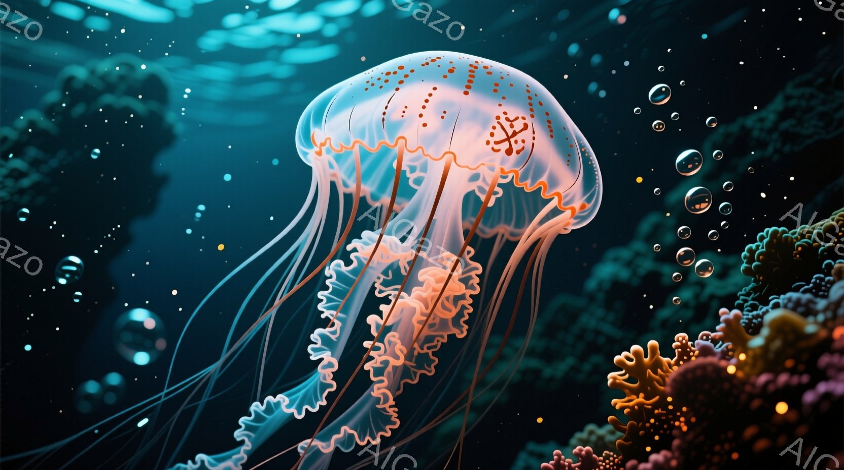 鮮やかな深海を背景に、透明感のあるクラゲが優雅に漂っている。クラゲの傘はオレンジとピンクのグラデーションで、繊細な模様が描かれ、多数の触手が優美に広がっている。周囲には、色とりどりのサンゴ礁が点在し、 - AI生成フリー素材