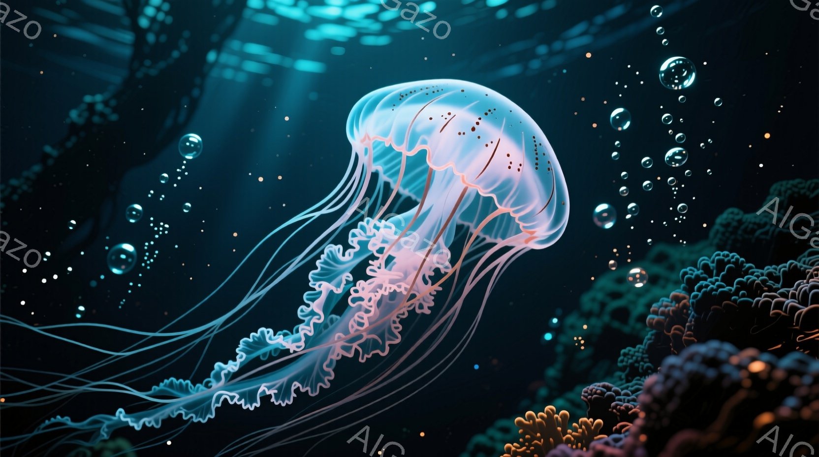 深い青色の海中に、透明感のある大きなクラゲが優雅に漂っている。クラゲの傘は薄いピンク色を帯びており、多数の触手が繊細に広がっている。背景には、色とりどりのサンゴ礁が広がり、水中に漂う小さな泡が幻想的な - AI生成フリー素材
