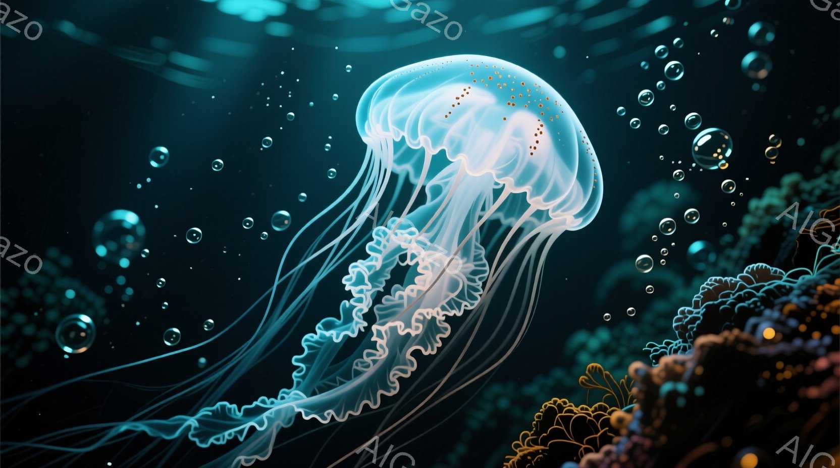 深い青色の海中に、半透明のクラゲが優雅に漂っている。クラゲの傘の部分はオレンジ色の小さな光を散りばめ、無数の触手が繊細なレースのように広がり、周囲の暗闇の中で幻想的な輝きを放っている。背景には珊瑚礁が広がり、水中に漂う泡がクラゲの周囲を彩り、神秘的な深海の世界を表現している。