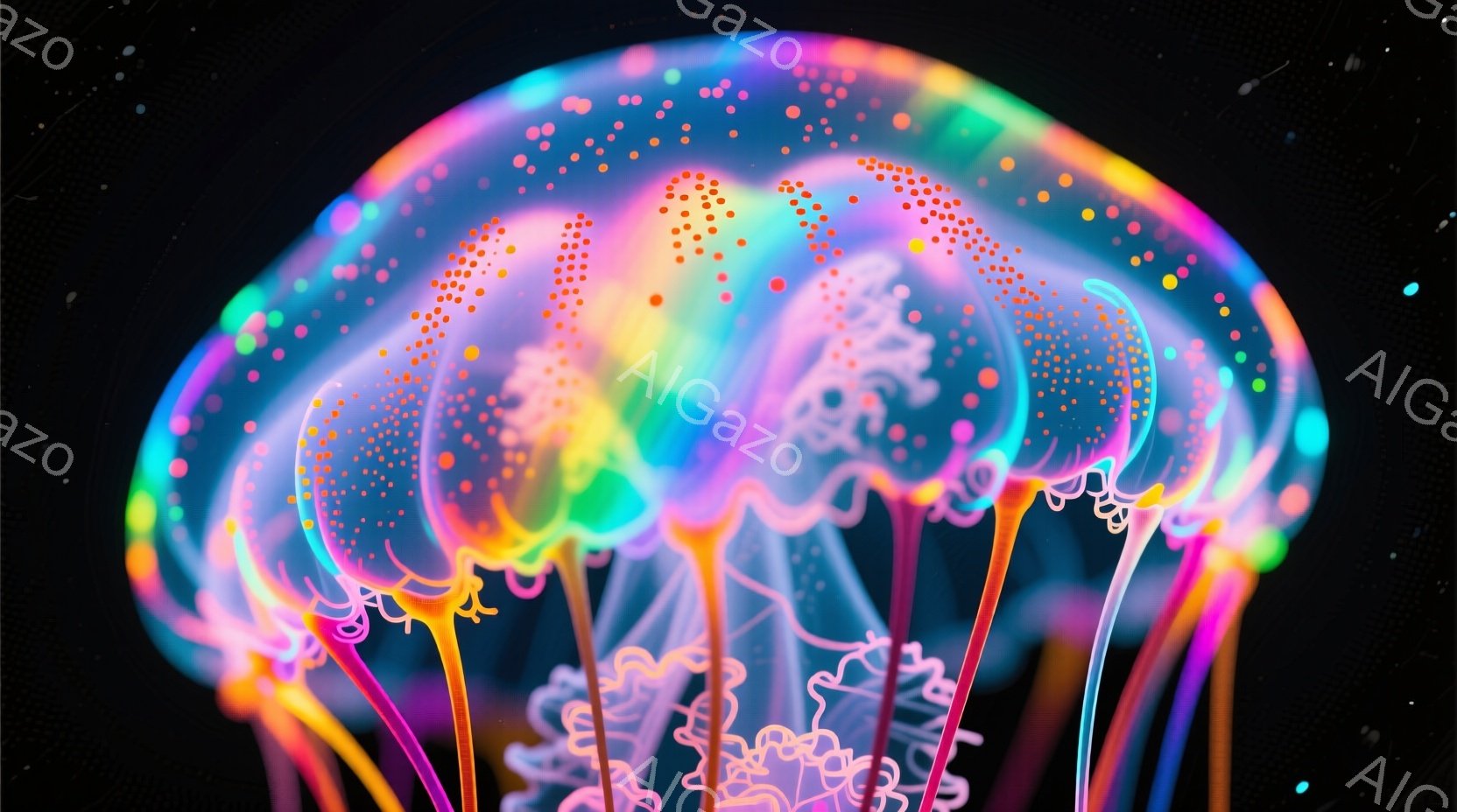 鮮やかな色彩で輝くクラゲが、暗闇の中に浮かび上がっている。ピンク、紫、青、オレンジなどの色が混ざり合い、幻想的な雰囲気を醸し出している。触手は複雑に絡み合い、まるで光のベールのように見える。 - AI生成フリー素材