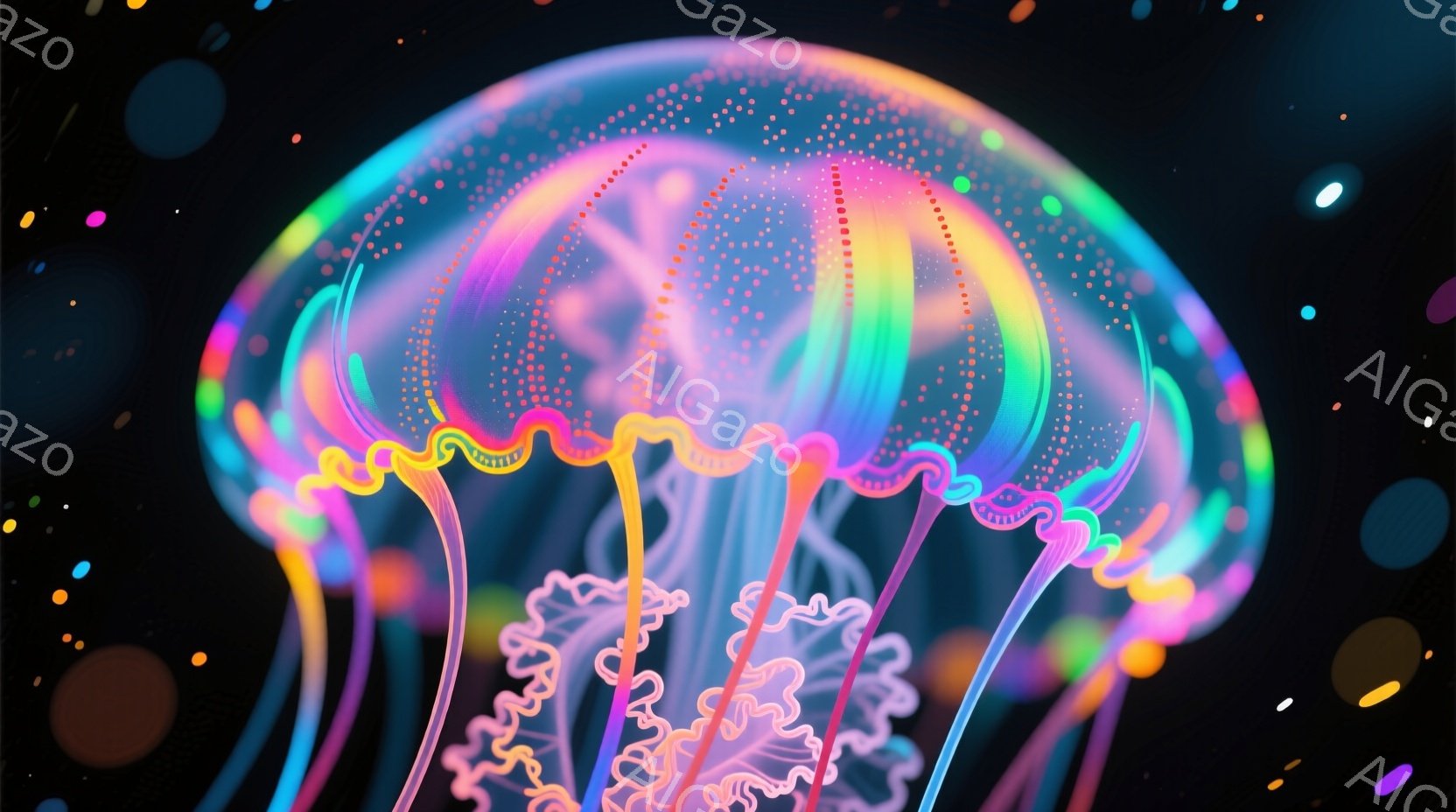 鮮やかな色彩のクラゲが、暗い背景に浮かび上がっています。虹色に輝く触手が優雅に垂れ下がり、まるで幻想的な光の芸術作品のようです。背景にはぼんやりとした光の粒子があり、深海にいるような神秘的な雰囲気を醸 - AI生成フリー素材