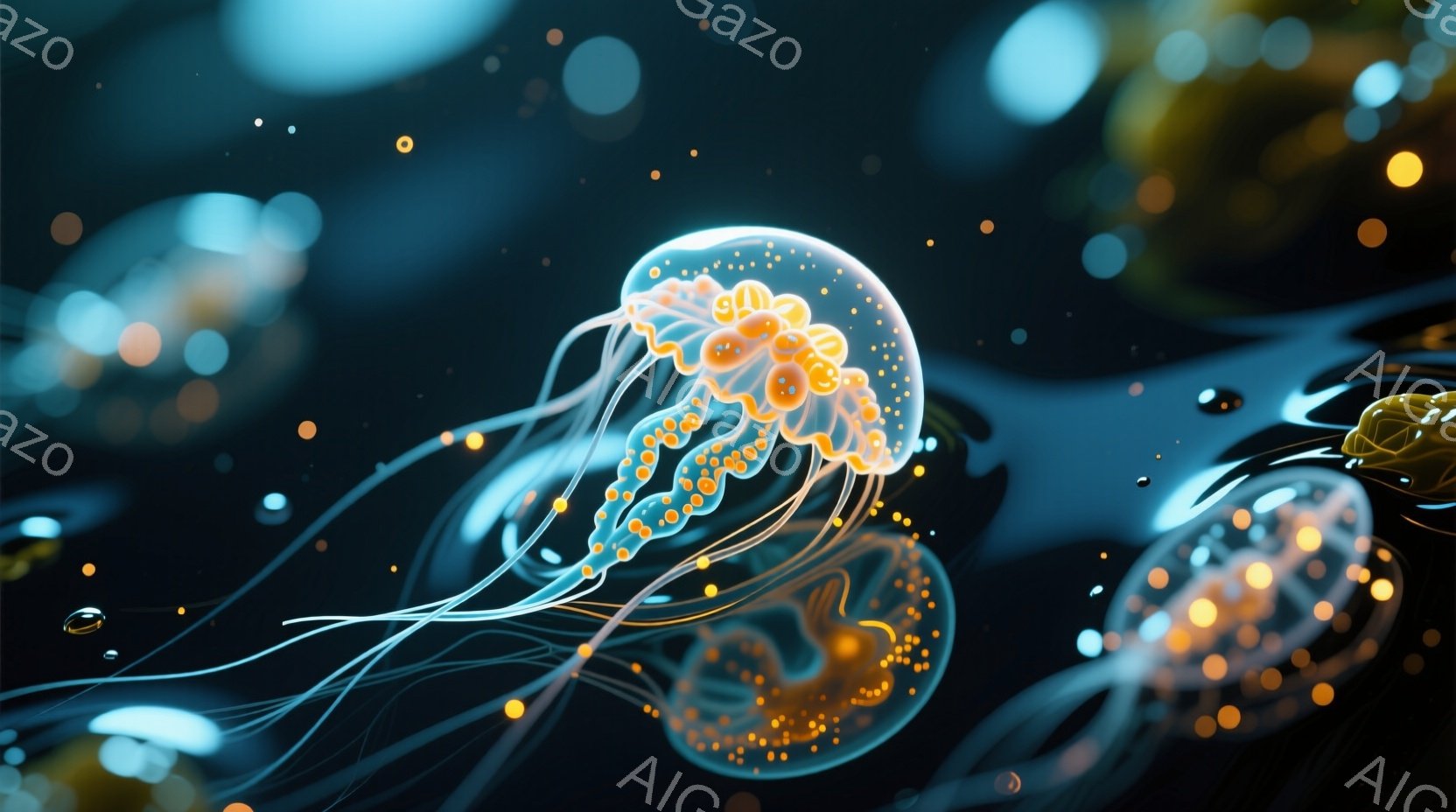 鮮やかな光を放つクラゲが、暗い青色の海中を漂っている。クラゲの体は半透明で、内部にはオレンジ色の光が輝き、細長い触手が優雅に波打っている。背景にはぼんやりとした光の粒子が浮かび、幻想的で神秘的な雰囲気 - AI生成フリー素材