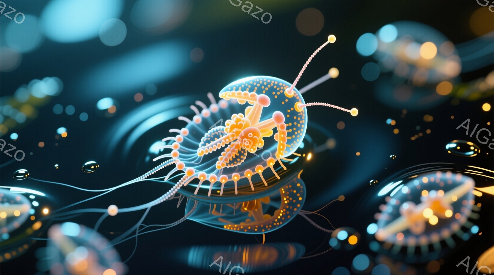 深緑の背景に、半透明のオレンジ色の小さなエビのような生物が浮かんでいます。その体は球状の構造で構成され、細い触覚と脚が伸びています。背景にはぼやけた光の粒子と、同様の半透明の生物がいくつか配置されており、幻想的で神秘的な雰囲気を醸し出しています。