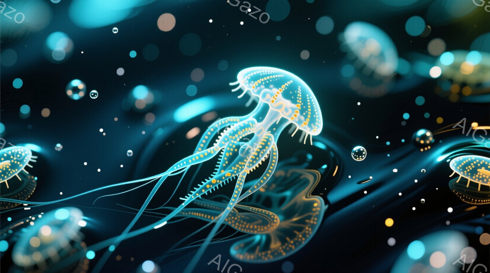 鮮やかな青色の背景に、光り輝く半透明のクラゲのような生物が複数描かれています。それらは複雑な模様を持ち、触手は細長く、光の粒子で飾られています。全体的に幻想的で神秘的な雰囲気を醸し出し、深海や宇宙空間 - AI生成フリー素材