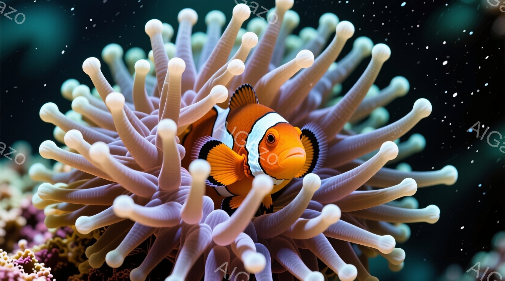 鮮やかなオレンジ色のボディに白い帯が特徴的なクマノミが、淡い紫色で細長い触手を持つイソギンチャクの中に身を潜めている。イソギンチャクはまるで花のように広がり、クマノミを保護しているかのような印象を与え、背景にはピンクや紫のサンゴ礁がぼんやりと見える。この画像は、海中の穏やかでカラフルな世界を捉え、生命の調和を感じさせる。