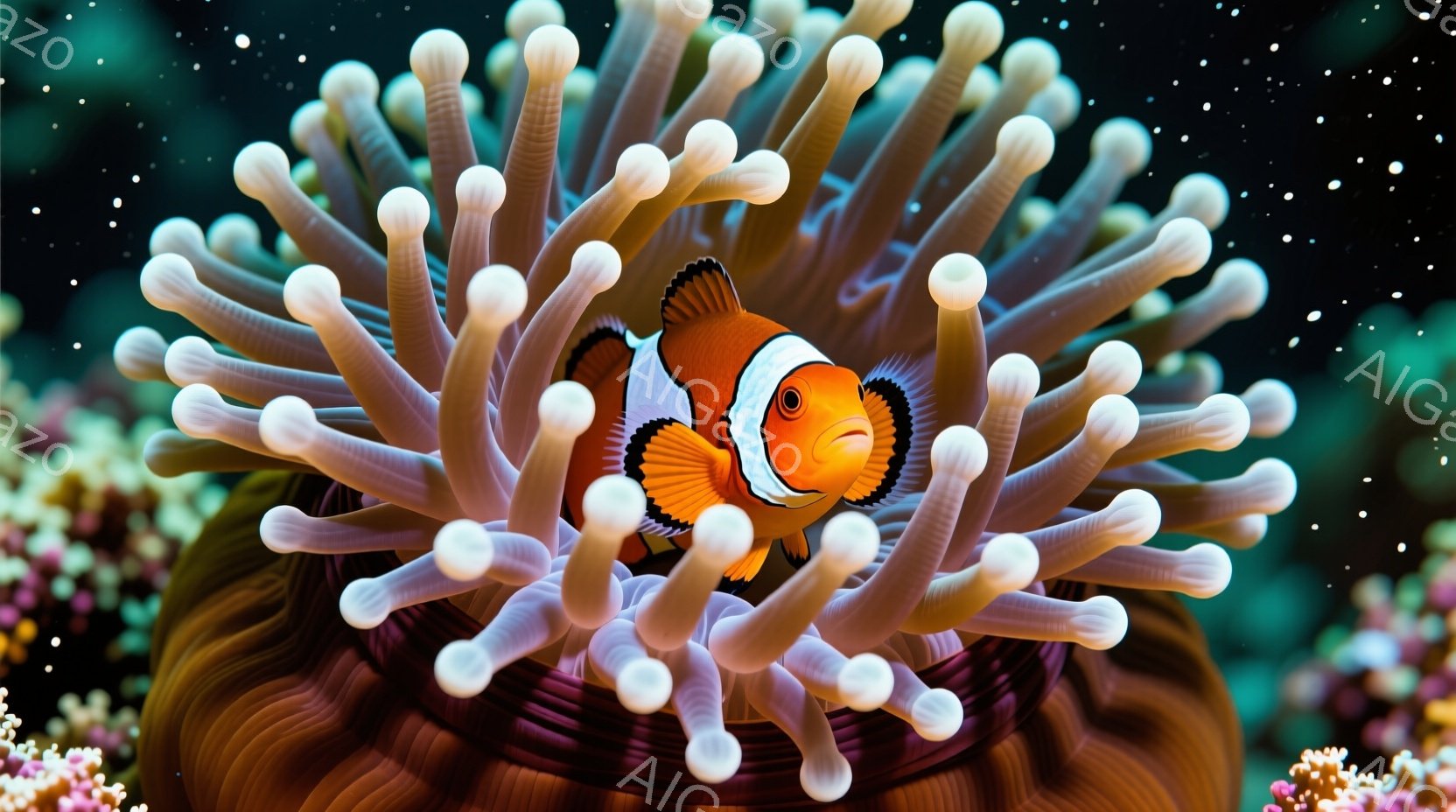 カラフルなクマノミが、白とピンクの条模様が特徴的なイソギンチャクの中に身を隠しています。イソギンチャクの触手は大きく広がり、クマノミを優しく包み込んでいるように見えます。背景にはピンク色のサンゴ礁がぼんやりと見え、深海を連想させる静かで神秘的な雰囲気が漂っています。