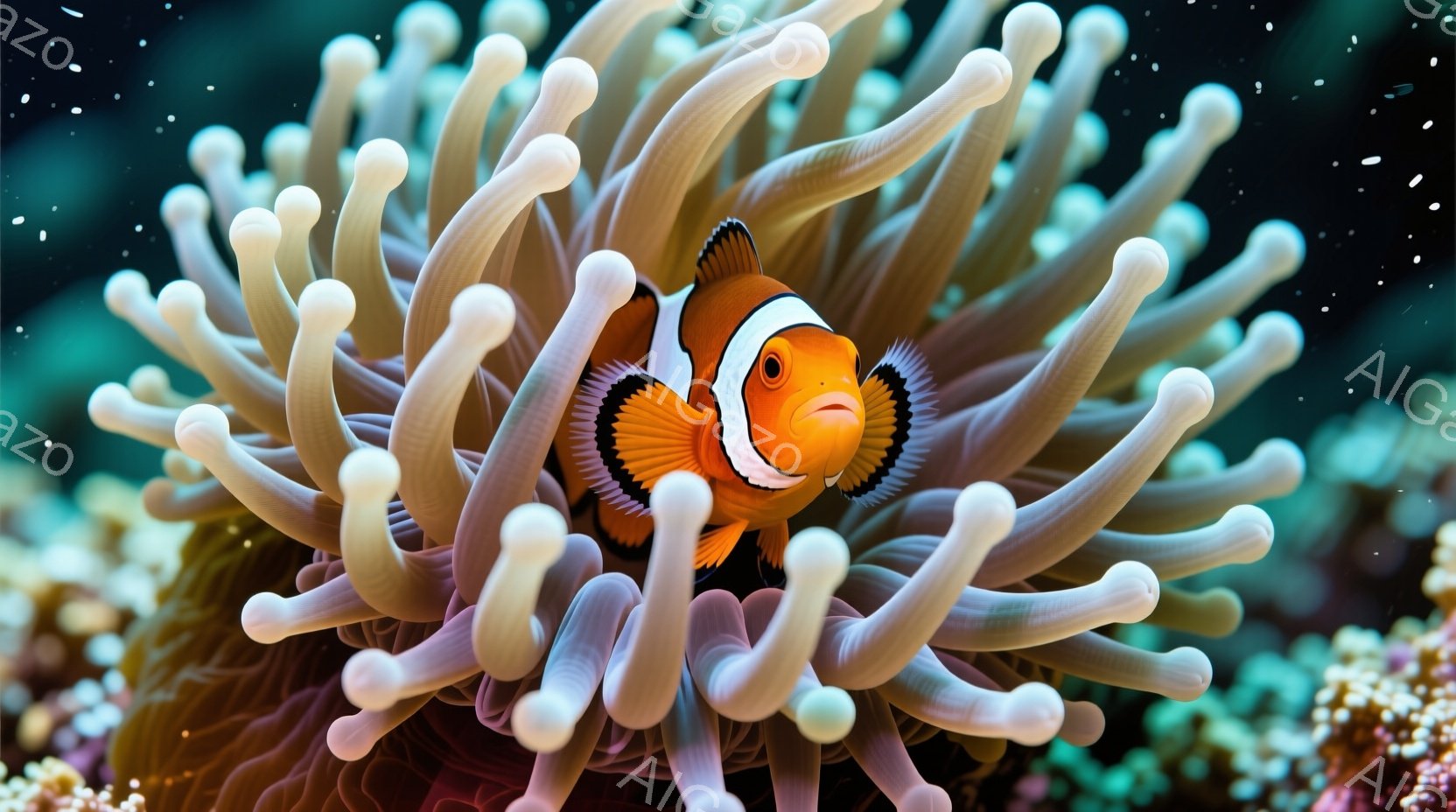 鮮やかなオレンジ色のクマノミが、白と薄紫色の海葵の中に隠れている様子が捉えられています。 海葵の触手は柔らかく、クマノミを優しく包み込むように伸びています。 背景は深海の色合いで、静かで穏やかな雰囲気を醸し出しています。