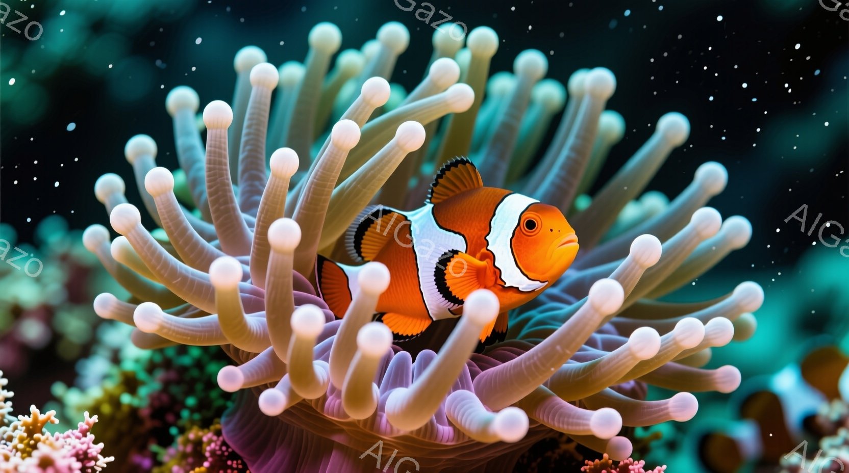 明るいオレンジ色と白い縞模様のクマノミが、紫色のイソギンチャクの中に身を寄せている様子が捉えられています。イソギンチャクの触手は柔らかく、クマノミを包み込むように伸びています。背景には、ピンク色のサンゴ礁がぼんやりと見え、水中の静かで穏やかな雰囲気が漂っています。