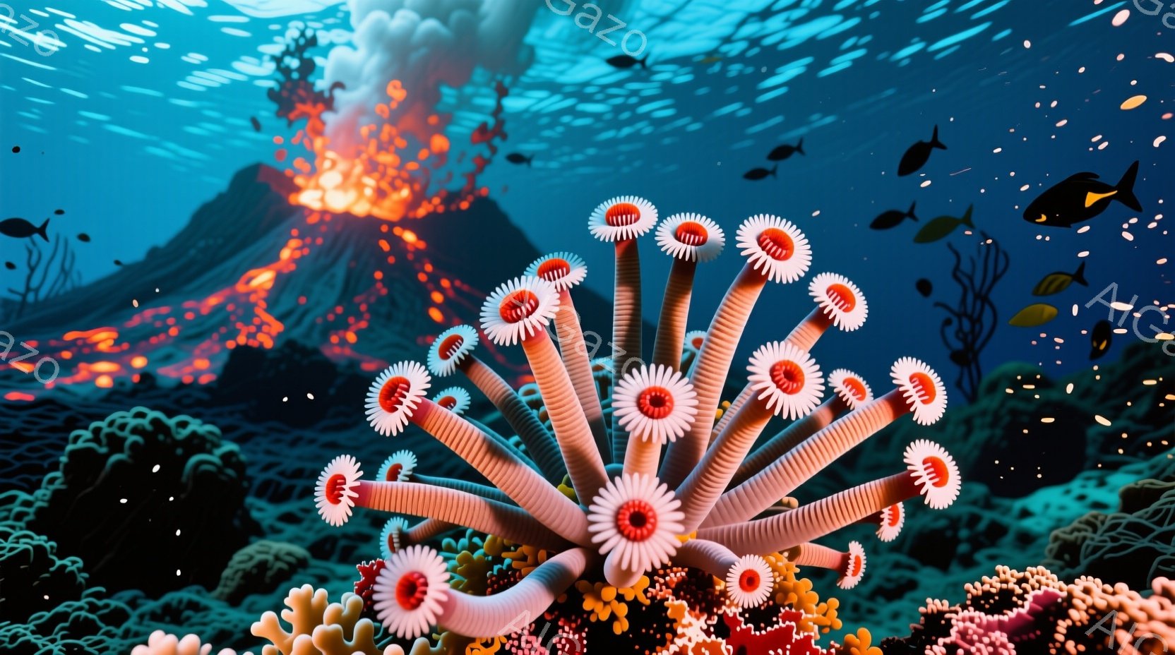 海底を捉えた鮮やかな画像で、燃え盛る火山を背景に、様々な種類の珊瑚や魚が泳いでいる様子が描かれている。中央には、白と赤の縞模様が特徴的な、まるで植物のような海の生物が多数の触手を広げ、周囲の暗い海とのコントラストを生み出している。全体的に、神秘的で活気のある、深海の生態系を感じさせる雰囲気である。