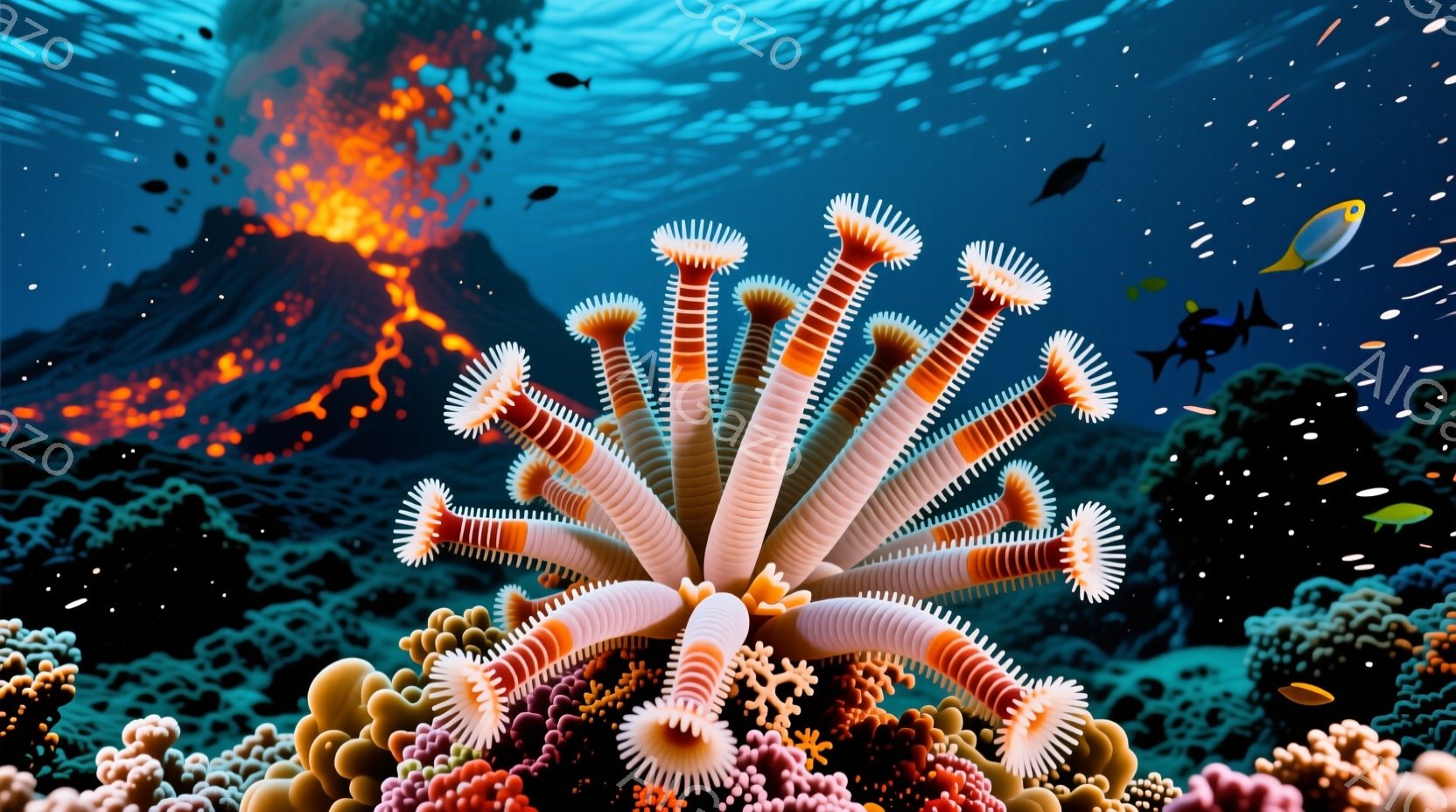 海底を背景に、鮮やかなオレンジと白の羽毛のような触手を広げたウミシダが中央に配置されている。背景には活火山が燃え上がり、周囲にはカラフルなサンゴ礁や魚たちが泳いでいる様子が描かれている。深海と火山のコントラストが、神秘的で力強い雰囲気を作り出している。
