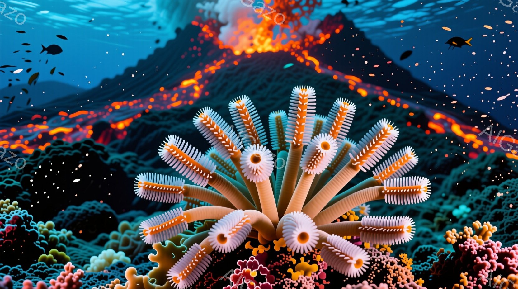 鮮やかな珊瑚礁の中に、放射状に広がる奇妙な生物が中央に位置し、ピンクとオレンジの縞模様が特徴的です。背景には、噴火を始めた火山がそびえ立ち、溶岩が流れ落ちています。水中に漂う魚の群れや、色とりどりのサンゴ礁が、生命力あふれる海底世界を表現しています。