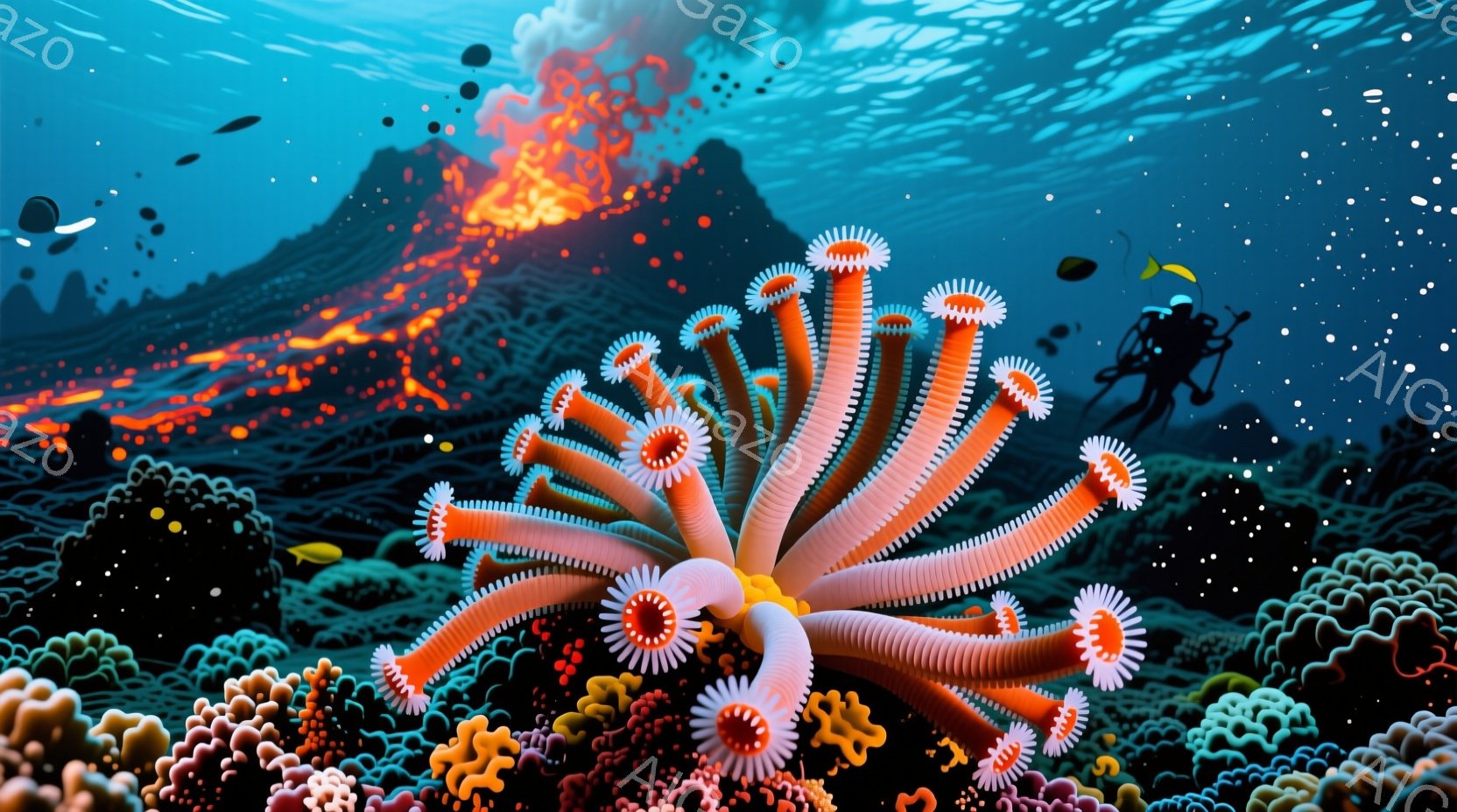 明るいオレンジとピンク色のサンゴ礁が広がり、その中央には奇妙な形状の巨大なオレンジ色の生物が咲き誇っている。遠景には噴火している火山があり、溶岩が流れ落ち、海底の暗い背景と対照的な光景を作り出している。水中に潜っているダイバーは、この壮大な光景を観察しており、水面には小さな泡が漂っている。