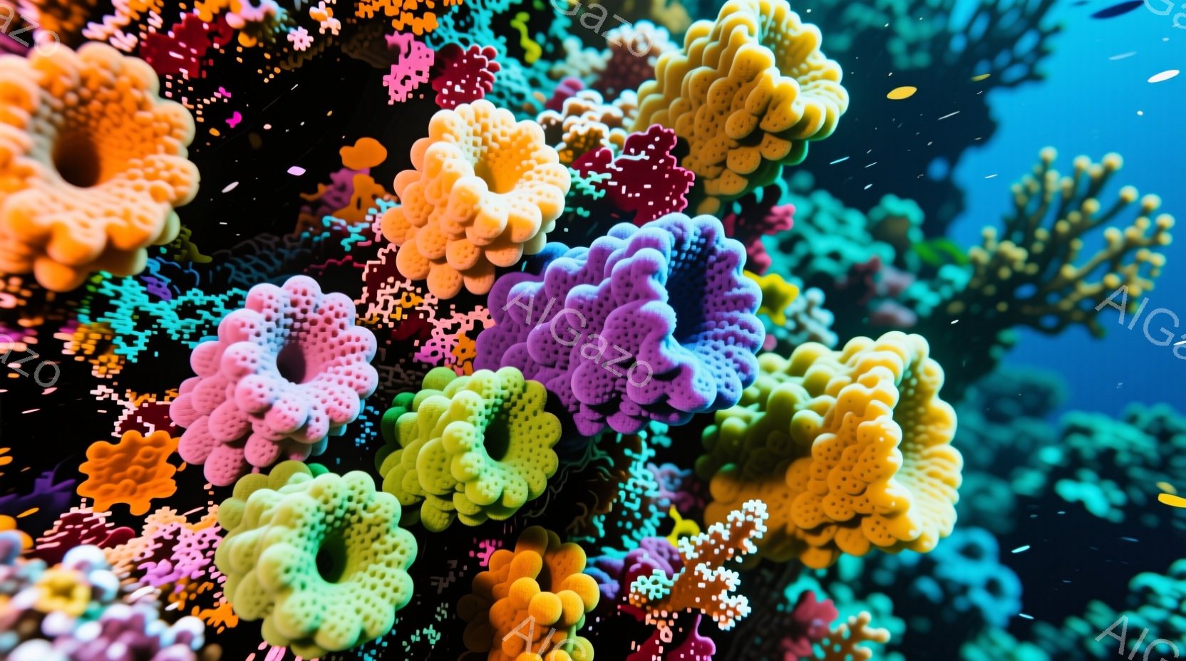 色鮮やかな珊瑚礁が広がり、オレンジ、ピンク、紫、緑色の多様な珊瑚が密集して咲き誇っている。珊瑚は丸みを帯びた形状で、まるで花のように咲き乱れ、背景は深い青色で、水中の世界が表現されている。全体的に幻想 - AI生成フリー素材