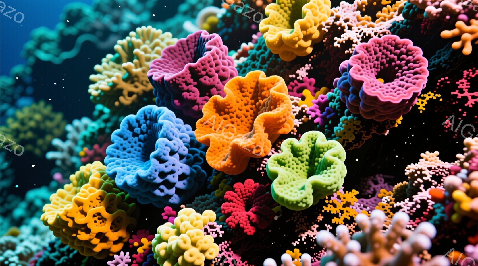 鮮やかな色の珊瑚が密集して画面を埋め尽くしている。オレンジ、ピンク、青、黄緑など、様々な色彩が混ざり合い、まるで水中庭園のような幻想的な雰囲気を醸し出している。背景は暗く、珊瑚の色彩をより一層引き立てている。
