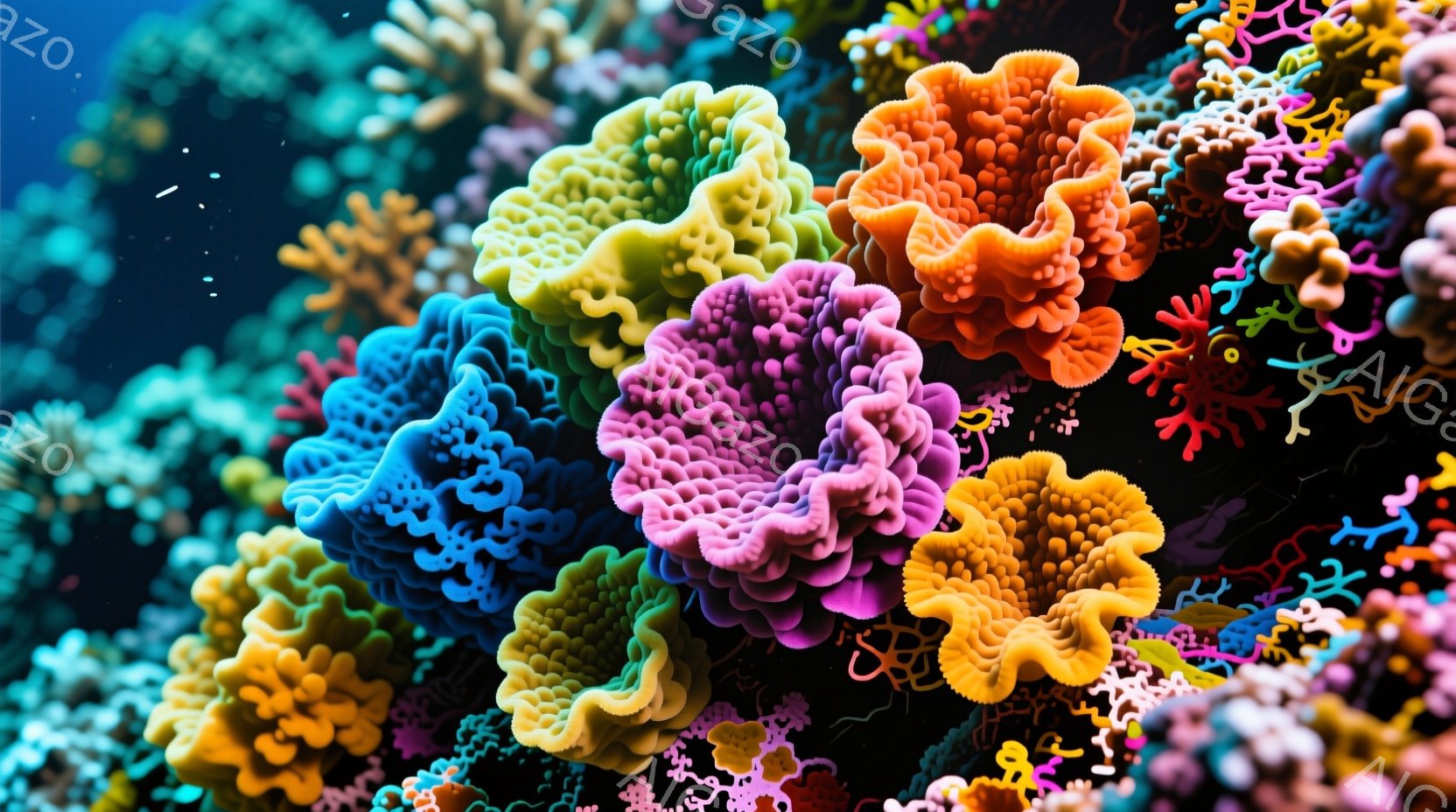 鮮やかな色彩のサンゴ礁が画面を埋め尽くしています。オレンジ、ピンク、紫、青など、様々な色のサンゴが密集し、まるで海底の万華鏡のようです。暗い背景とのコントラストが、サンゴの鮮やかさを一層引き立てています。