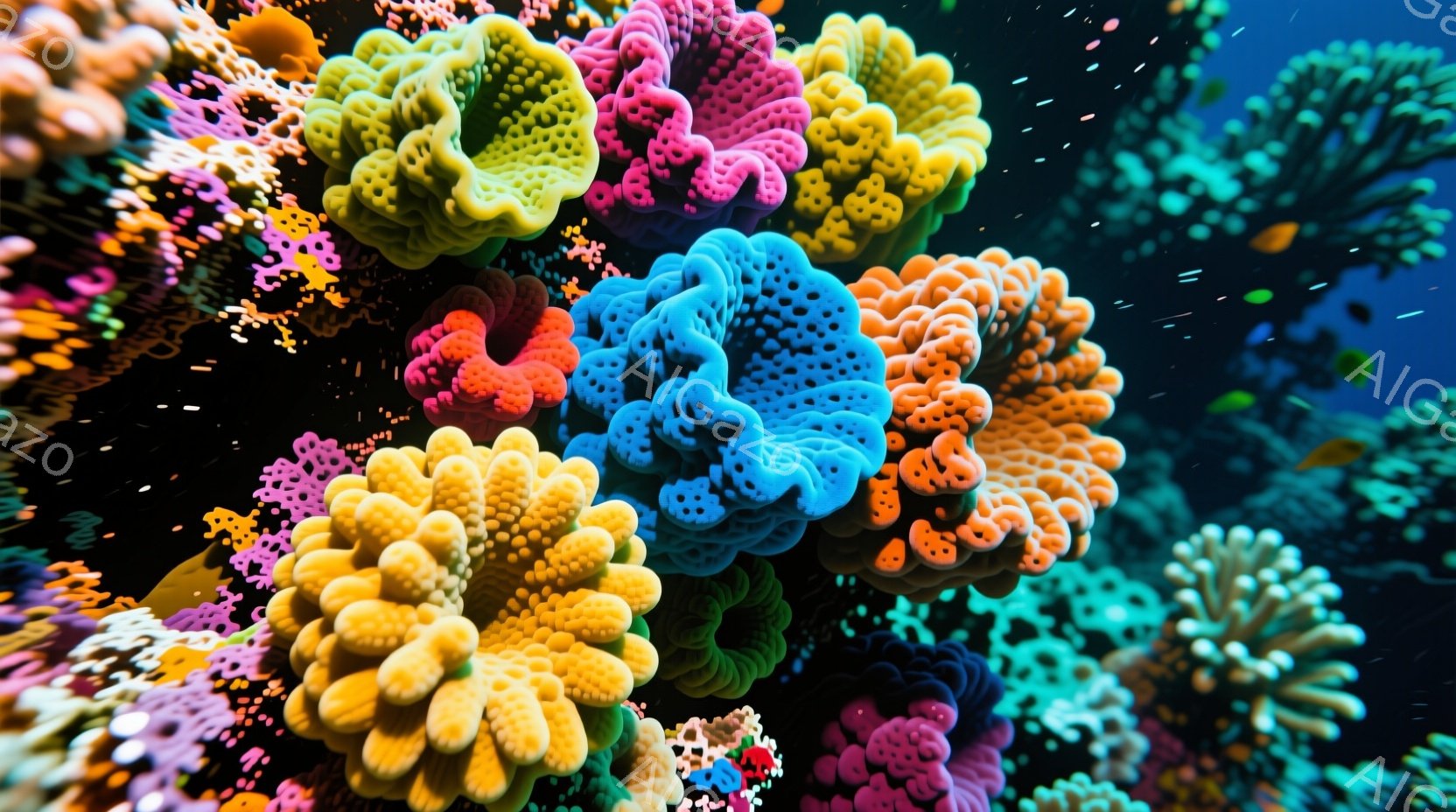 海洋生物の群れを撮影したものです。多彩な色の輪郭が特徴的で、青、ピンク、黄色、オレンジなどの鮮やかな色が海草やコーラルのような生物を見せています。映像は迷彩模様であり、独特の美しさと深みがあります。これは海洋の宝石のような景色が紹介されたものと思われます。