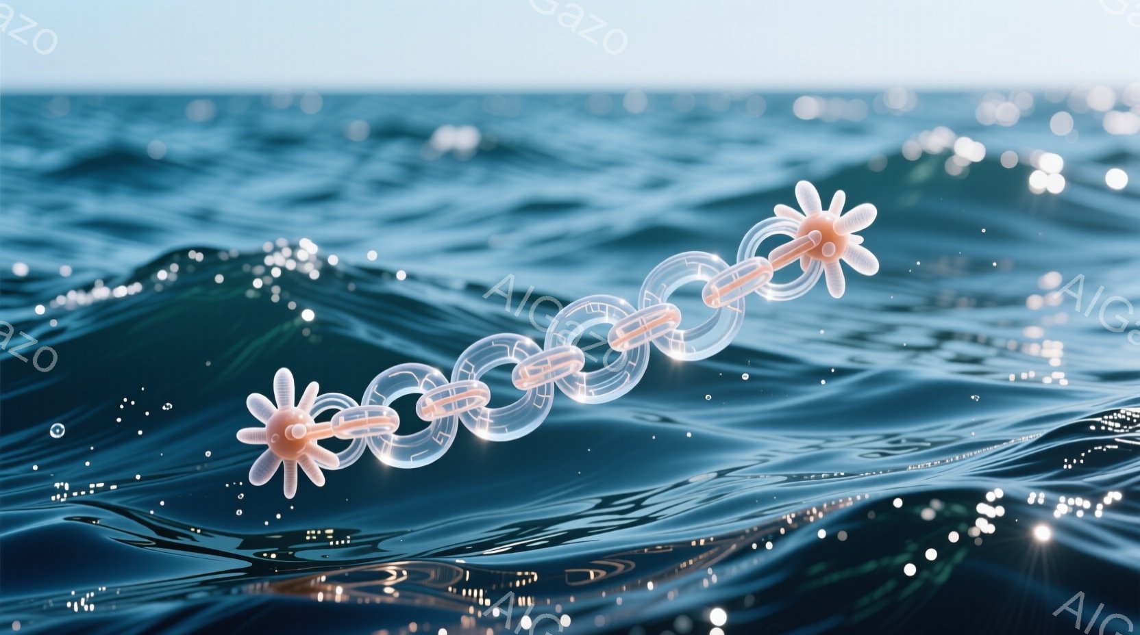 濃い青色の波が画面を占め、水面には無数の光の粒子が煌めいている。波の上には、オレンジと白の星形が連なった奇妙な鎖が浮かんでおり、幻想的な雰囲気を醸し出している。 全体的に、神秘的で夢幻的なムードを漂わ - AI生成フリー素材