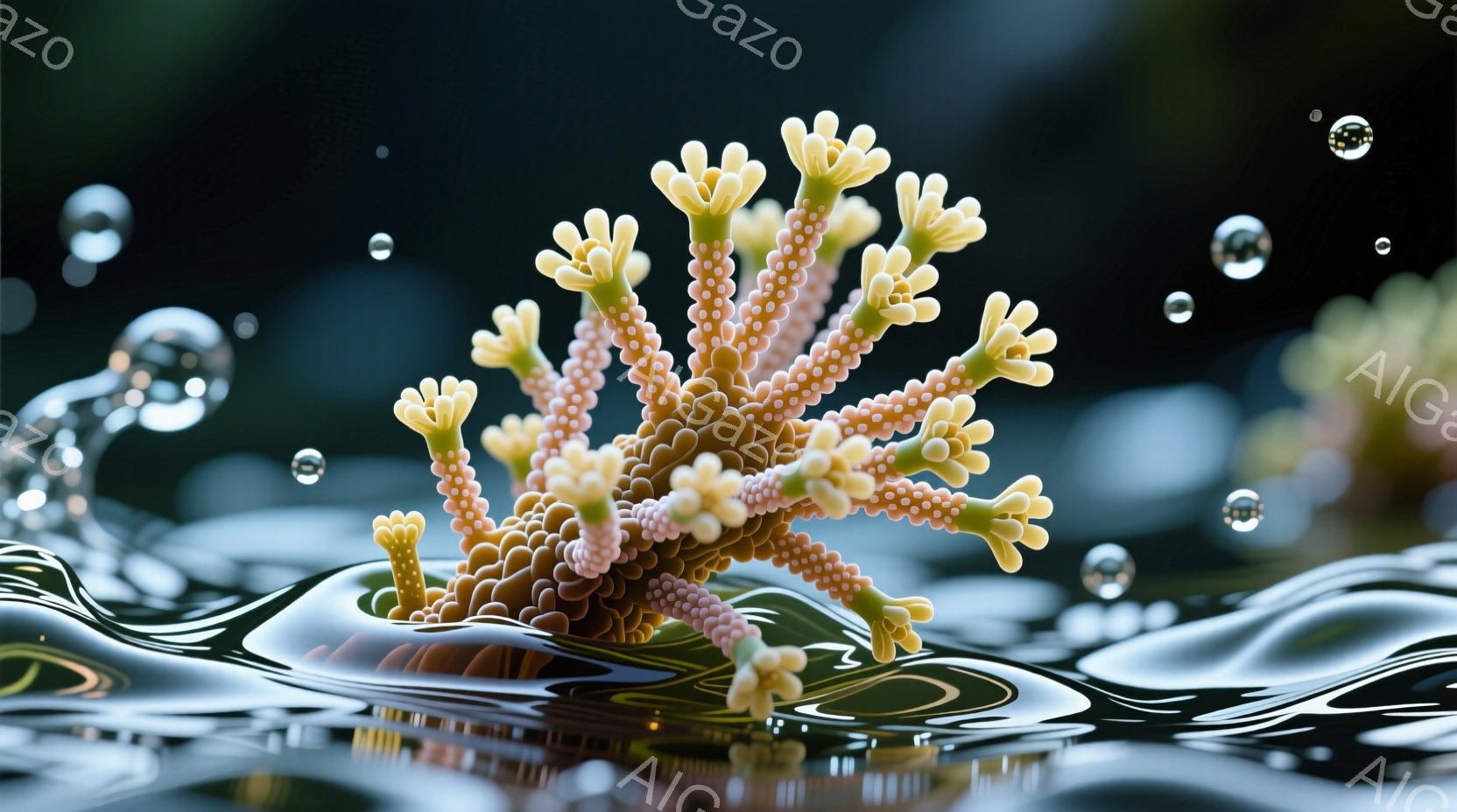 鮮やかな水面を背景に、オレンジと黄色の球状の突起が密集して生えた、まるで珊瑚のような奇妙な物体が写っている。水面には小さな水滴が散らばり、光の反射が美しく、神秘的な雰囲気を醸し出している。全体的に、幻 - AI生成フリー素材