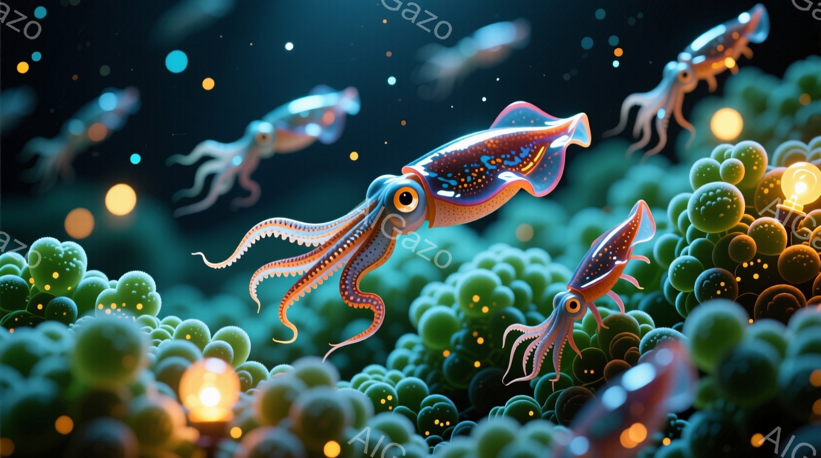 鮮やかなピンク色のイカが、緑色の球状の物体で覆われた水中を優雅に泳いでいる。イカは透明感のあるヒレを持ち、体の表面には複雑な模様が描かれている。背景には、ぼんやりとしたシルエットの他のイカが浮かび、水中に散らばる発光性の粒子が幻想的な雰囲気を醸し出している。