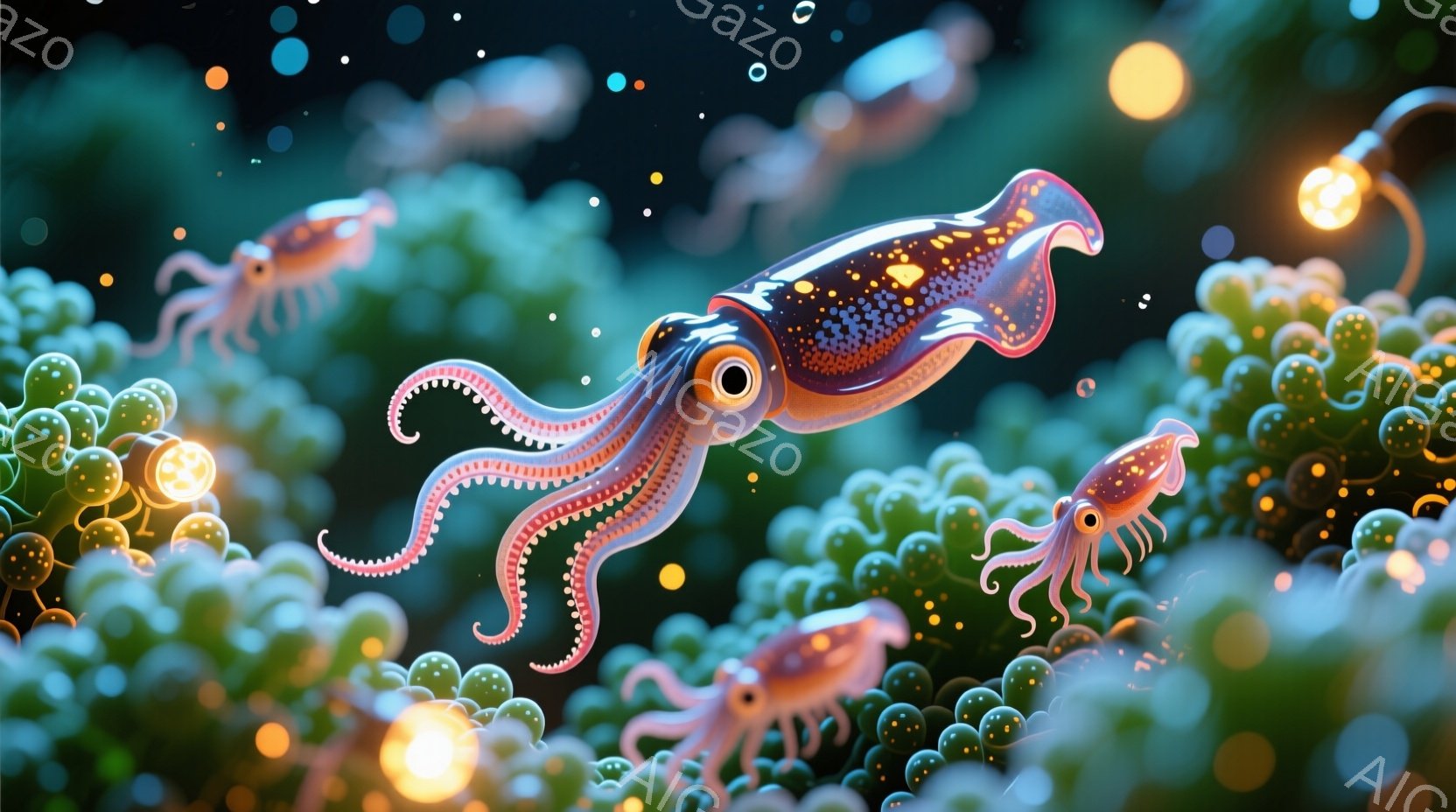 明るいピンクとオレンジ色のイカが、球状の緑色の物体が密集した背景の中で浮遊している。イカは目を見開き、触手を広げ、活発で遊び心のある印象を与えている。背景はぼやけており、暖かく幻想的な雰囲気を醸し出し - AI生成フリー素材