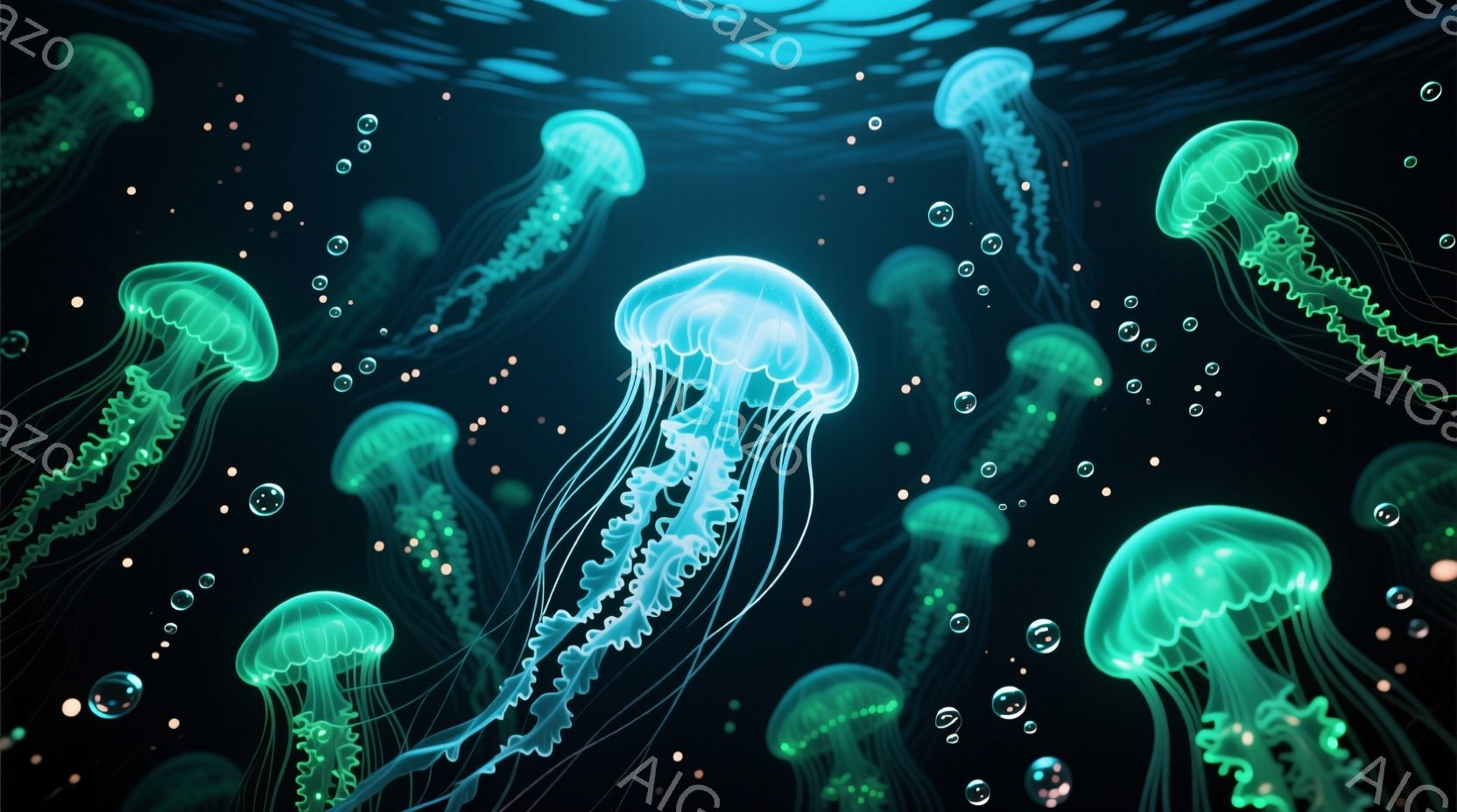 深い紺色の背景に、発光する水母が多数漂っている様子が描かれている。水母は淡い緑色を帯びており、触手は繊細で複雑な模様を形成し、まるで水中を舞う妖精のようだ。周囲には小さな泡が散りばめられ、神秘的で幻想的な雰囲気を醸し出している。