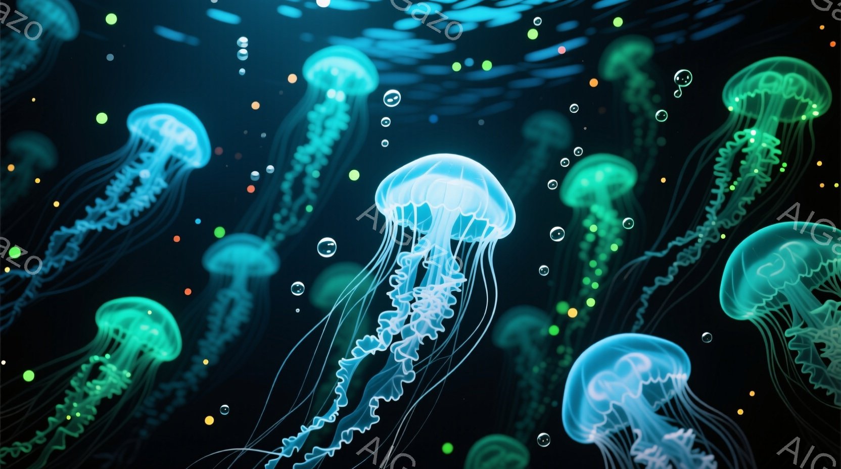 深い青色の背景に、発光するクラゲが多数漂っている様子が描かれています。クラゲは透明感があり、触手部分は細かく繊細に表現されており、まるで水中を舞う幻想的な生き物のようです。背景には小さな光の粒が散りばめられており、深海にいるような神秘的な雰囲気を醸し出しています。