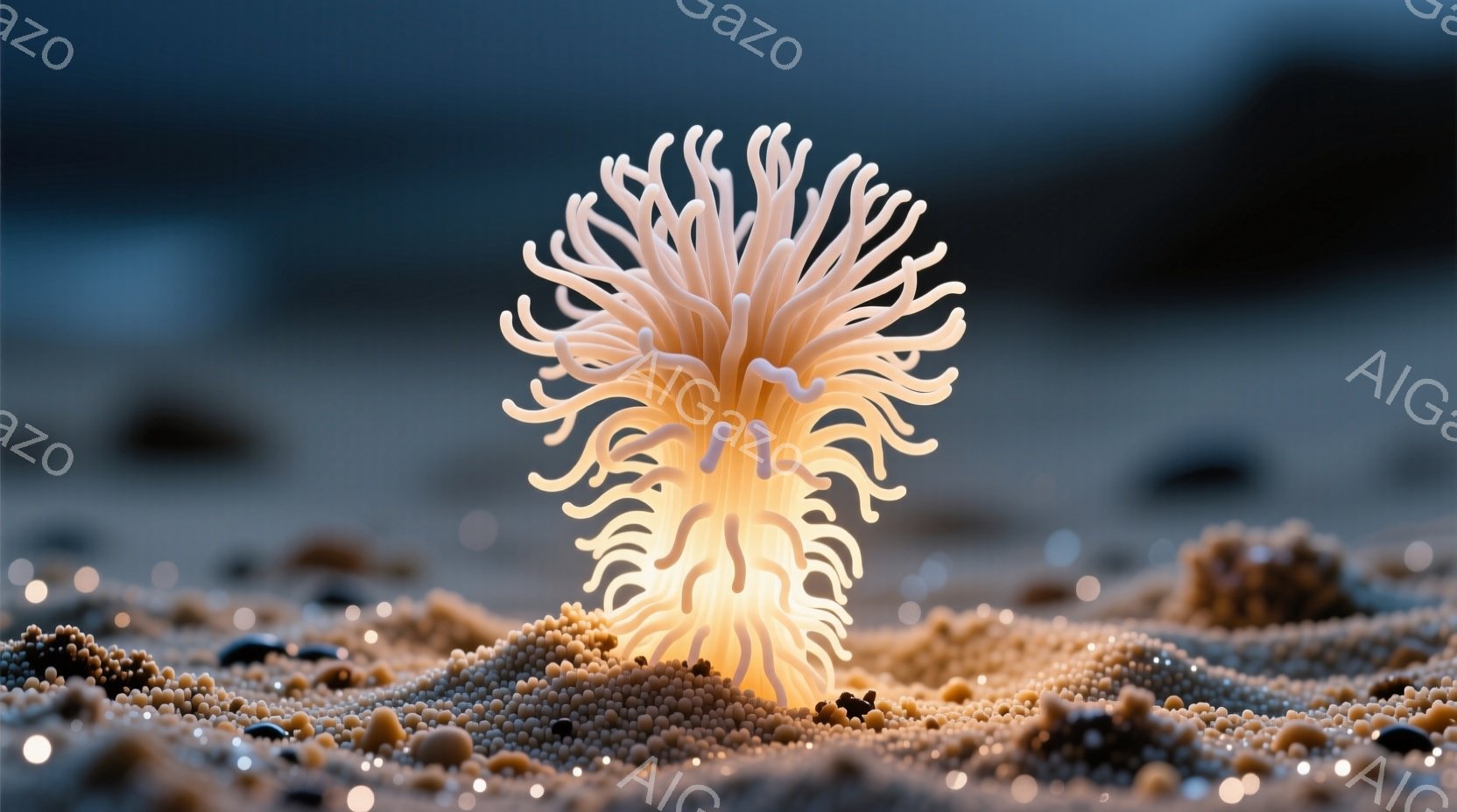 砂利の多い海岸の風景の中に、光を放つ不思議な生物を描いています。発光する生物は、細い触手のようなもので構成された、まるで花のような形をしており、砂の上に静かに佇んでいます。背景はぼやけており、暗い海と、散らばる小石が確認できます。