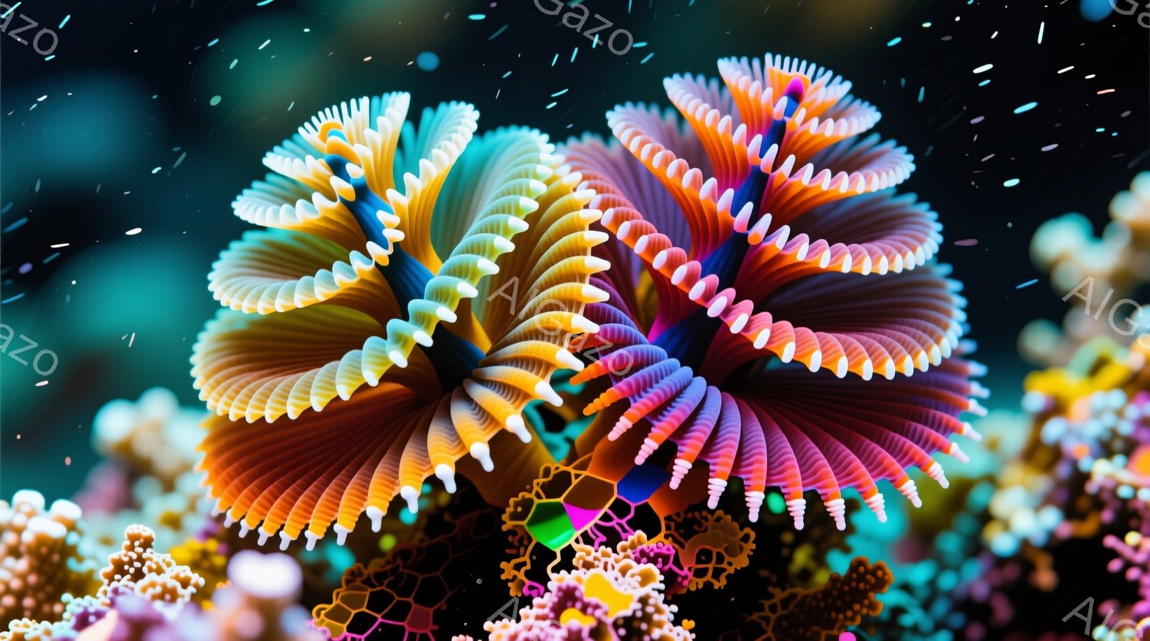 鮮やかな色彩のソフトコーラルが、深海を背景に広がっています。オレンジ、ピンク、紫、青が混ざり合い、まるで海底の花束のような美しい光景を作り出しています。周囲には、小さな珊瑚礁や海中生物が見られ、生命力 - AI生成フリー素材
