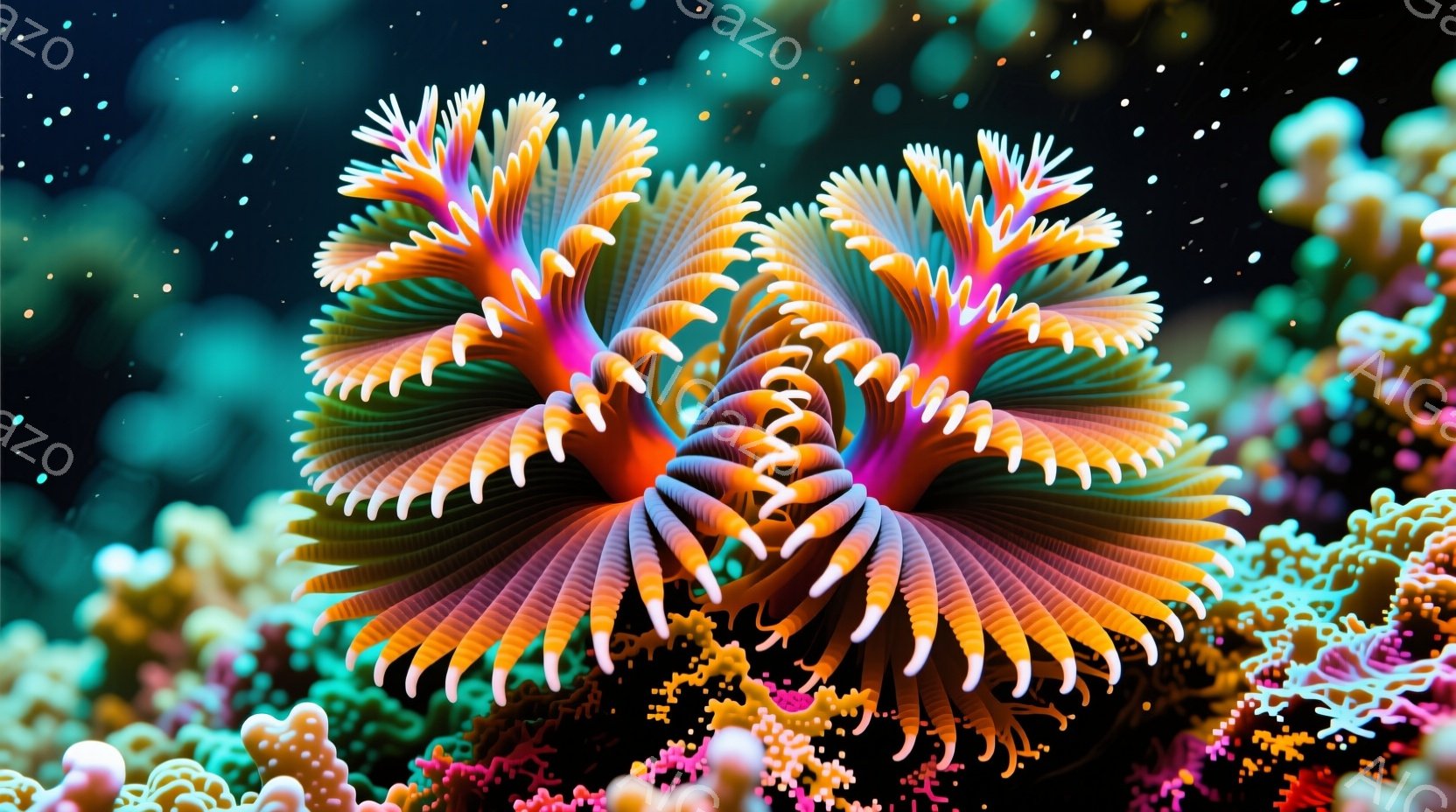 鮮やかなオレンジ、ピンク、紫色の条紋を持つ海葵が、暗い背景の珊瑚礁の中に咲き誇っているように見える。細長い触手は優雅に波打ち、まるで水中花束のようである。周囲には様々な色の珊瑚が密集し、多様で神秘的な - AI生成フリー素材