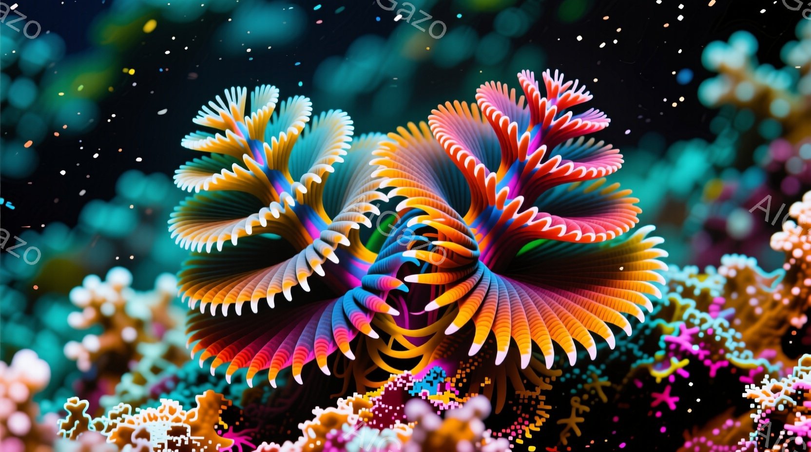 鮮やかな色彩のサンゴ礁が広がり、特に中央には、ピンク、オレンジ、紫、青が混ざり合った美しいソフトコーラルが二つ並んで咲き誇っている。周囲には、小さなカラフルなポリプが密集しており、まるで海底の花園のよ - AI生成フリー素材