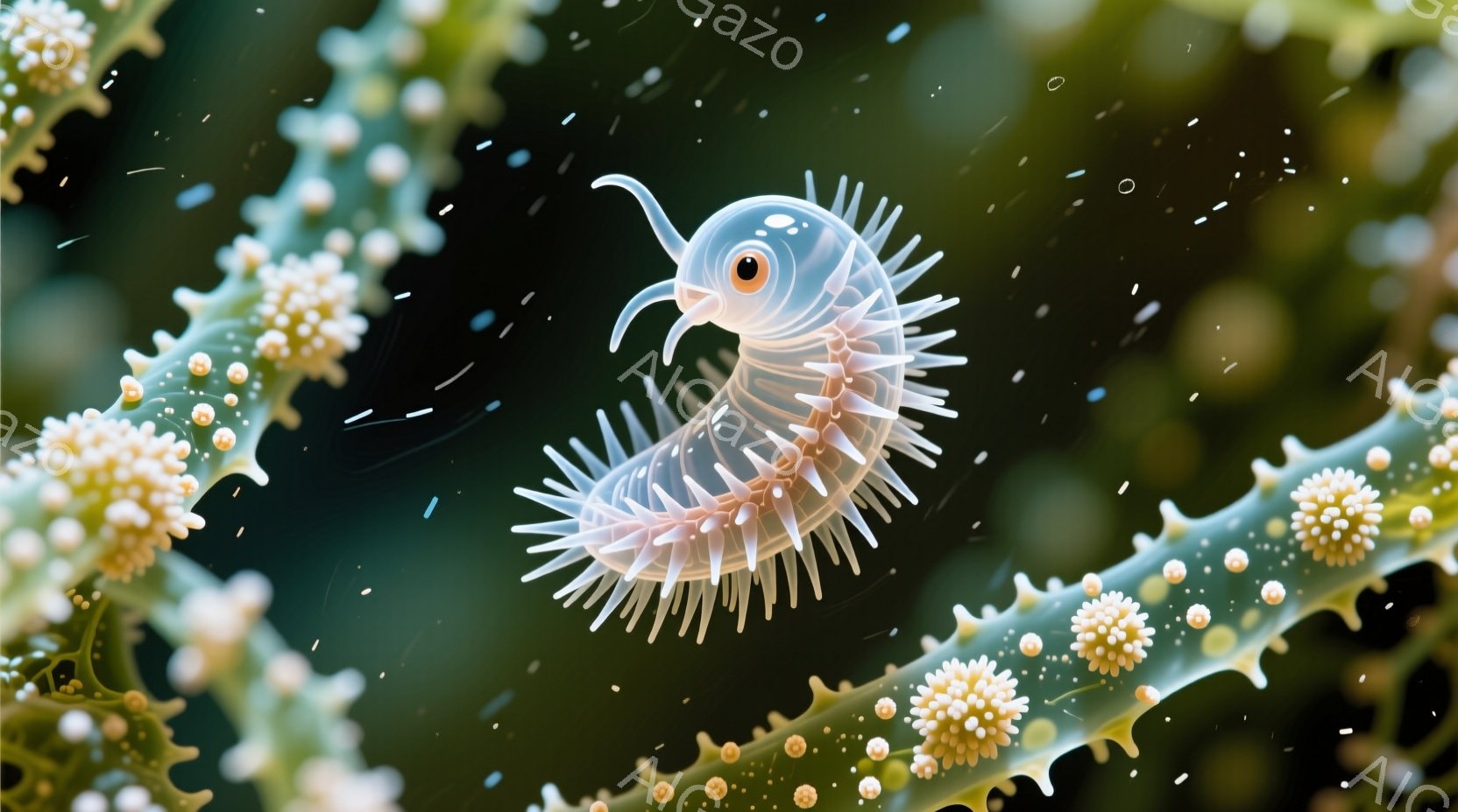 半透明の虫のような生物が、小さな白い花が咲いた枝に巻き付いている様子を捉えたクローズアップ写真です。生物は細長い体を持っており、体全体に繊細な毛状の突起があり、頭部には小さな角と丸い目を持っています。 - AI生成フリー素材