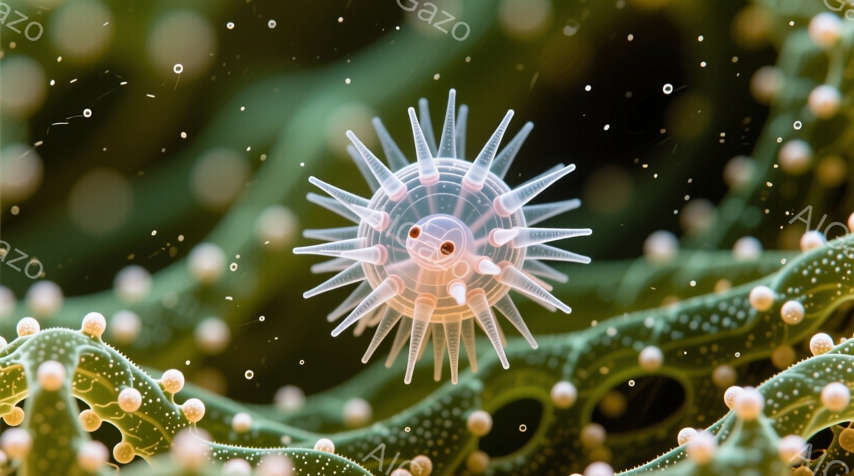 棲息地の海洋生物、おそらくクラゲを撮影したものです。クラゲは透明な体に細かい毛皮があり、頭部に赤い刺胞があります。背景は海の表面に露天市場のような構造が見えるようです。クラゲは水中で生活し、これはその自然環境を示す写真です。