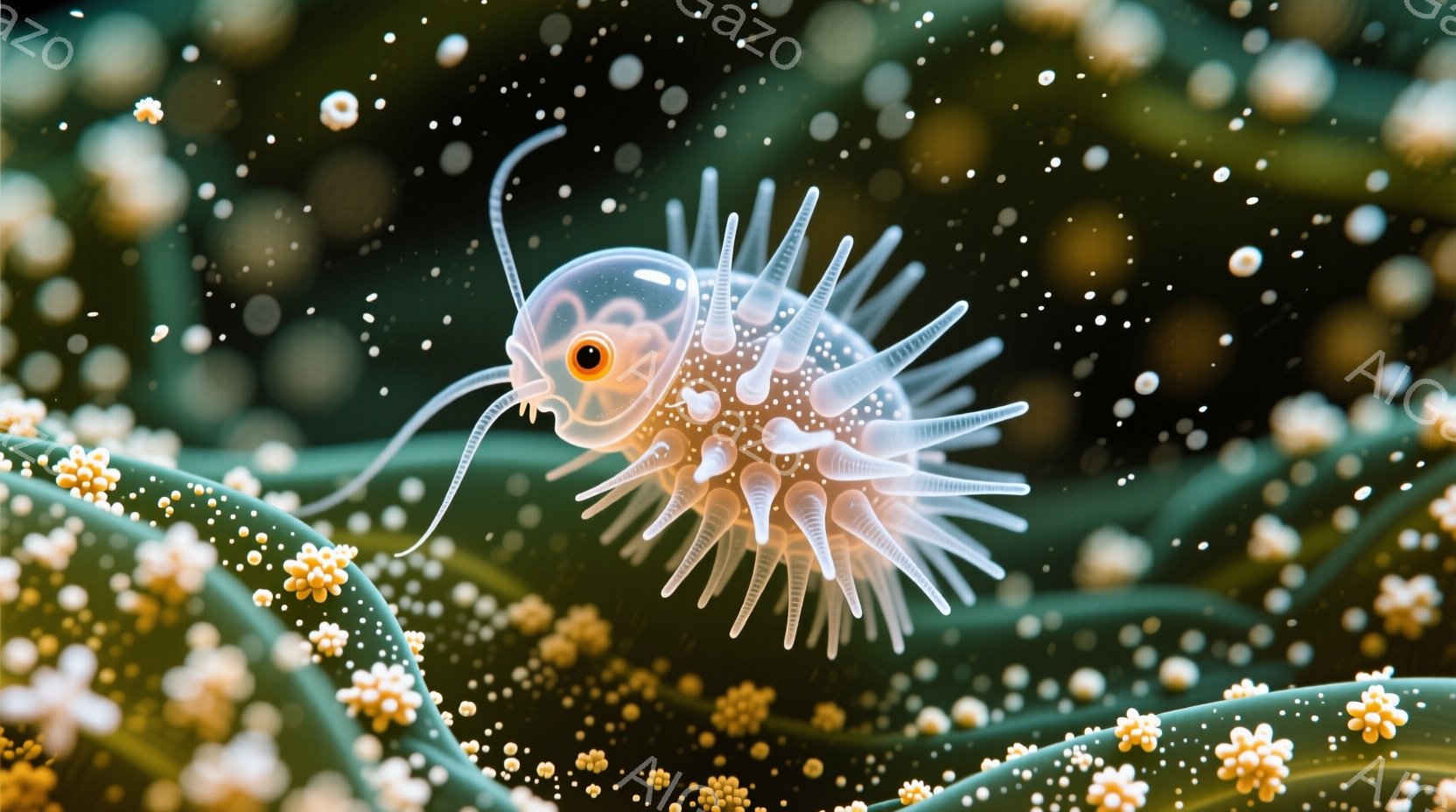 鮮やかな緑色の背景に、オレンジと白の小さな生物が中央に配置されています。この生物は、長い触覚と、全身に並んだ繊細な毛のような構造を持ち、まるで小さな海の生き物のようです。背景には、ぼやけた黄色の花のよ - AI生成フリー素材