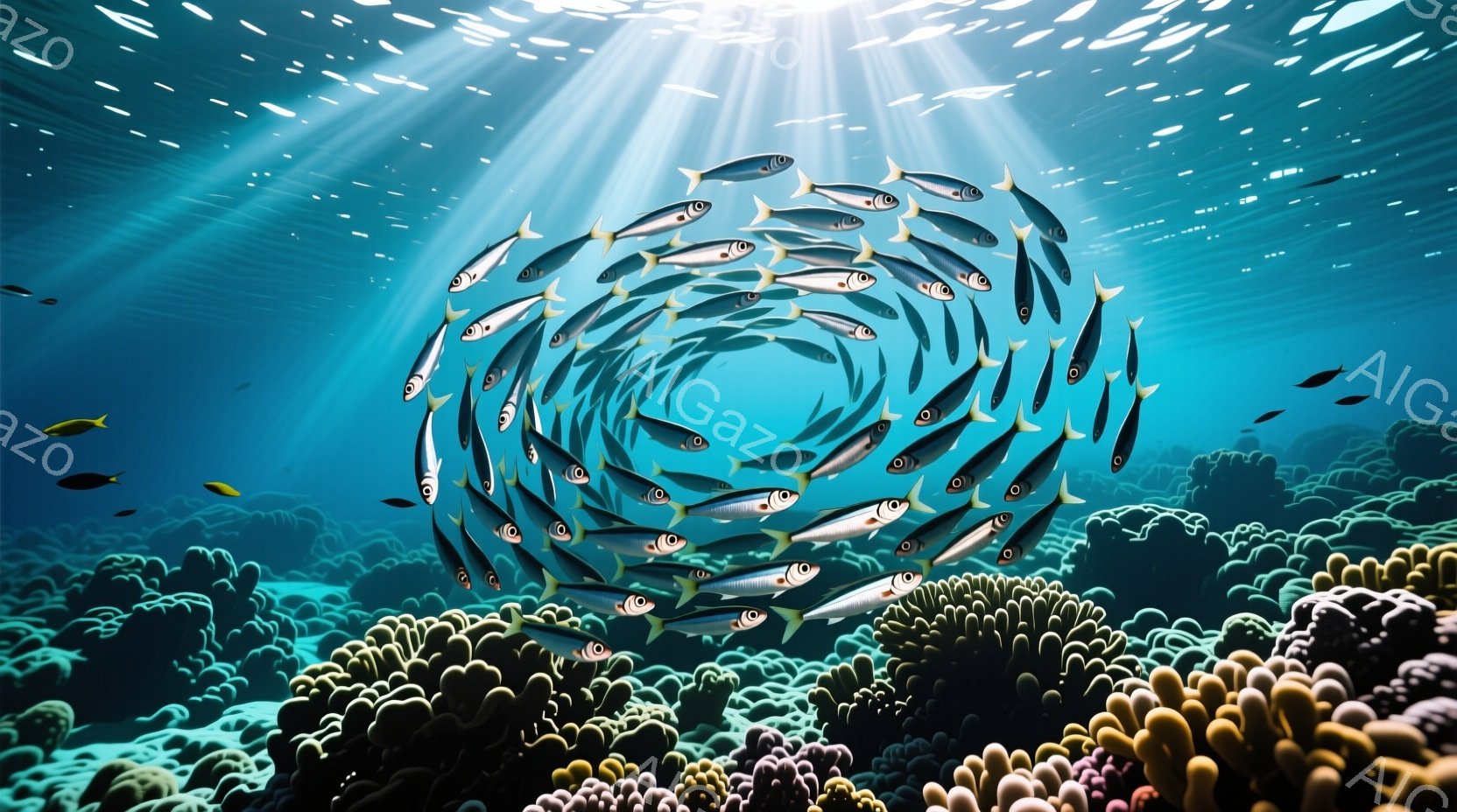 青い海中で、大量の魚が渦巻き状に集まっている様子が捉えられています。背景にはカラフルな珊瑚礁が広がり、光が水面から差し込み、幻想的な雰囲気を醸し出しています。魚たちは銀色に輝き、一体となって動く姿が印象的です。