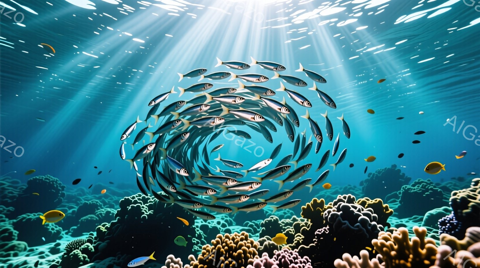 深い青色の海中では、多数の魚が渦巻き状に集団で泳いでいる様子が捉えられています。海底にはサンゴ礁が広がり、鮮やかな黄色やオレンジ色の魚が点在し、光が水面から差し込み幻想的な雰囲気を醸し出しています。全体的に静かで穏やかな、生命力溢れる水中世界が表現されています。