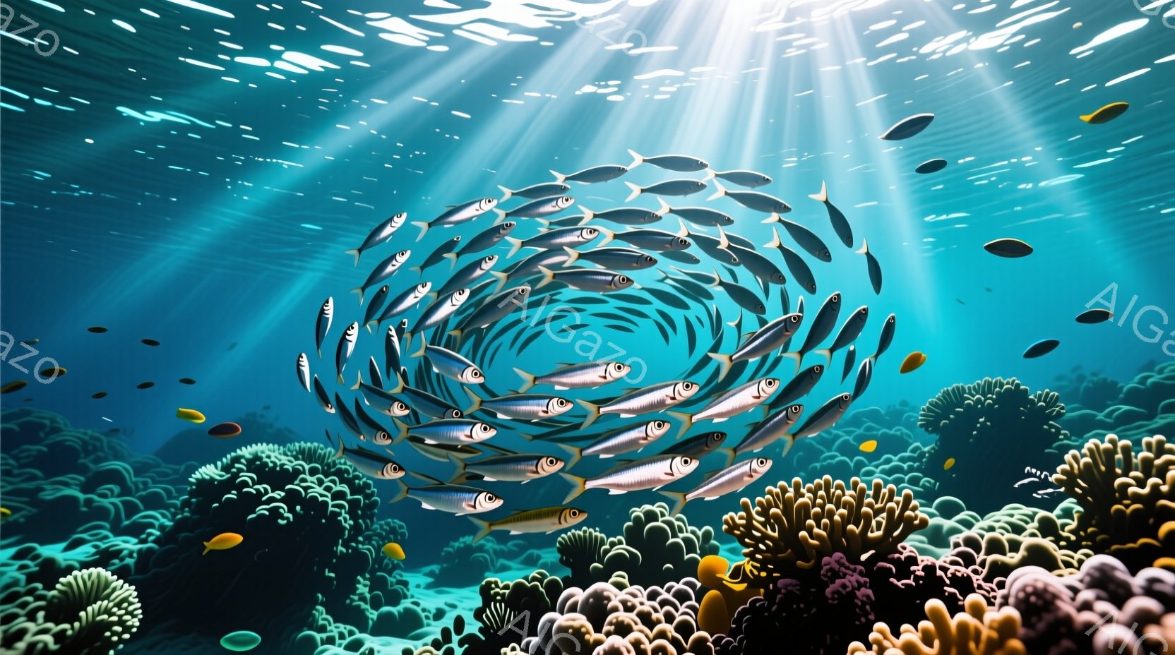 海中には、円形に集まった魚群が印象的な光景が広がっています。鮮やかな珊瑚礁が海底を彩り、太陽光が水面から差し込み、幻想的な雰囲気を醸し出しています。魚たちは活発に動き回り、その姿はまるで生きている水中の万華鏡のようです。
