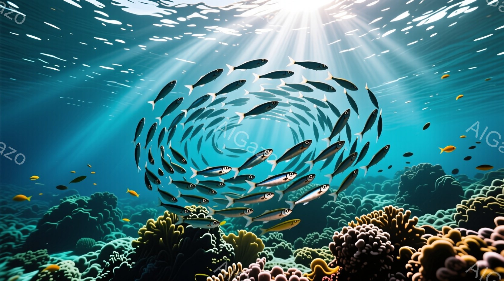 海中には、渦巻状に集まった一群の魚が描かれています。鮮やかな珊瑚礁が海底に広がり、光線が水面から差し込み、幻想的な雰囲気を醸し出しています。魚たちは銀色に輝き、活気に満ちた海洋の生態系を表現しています。