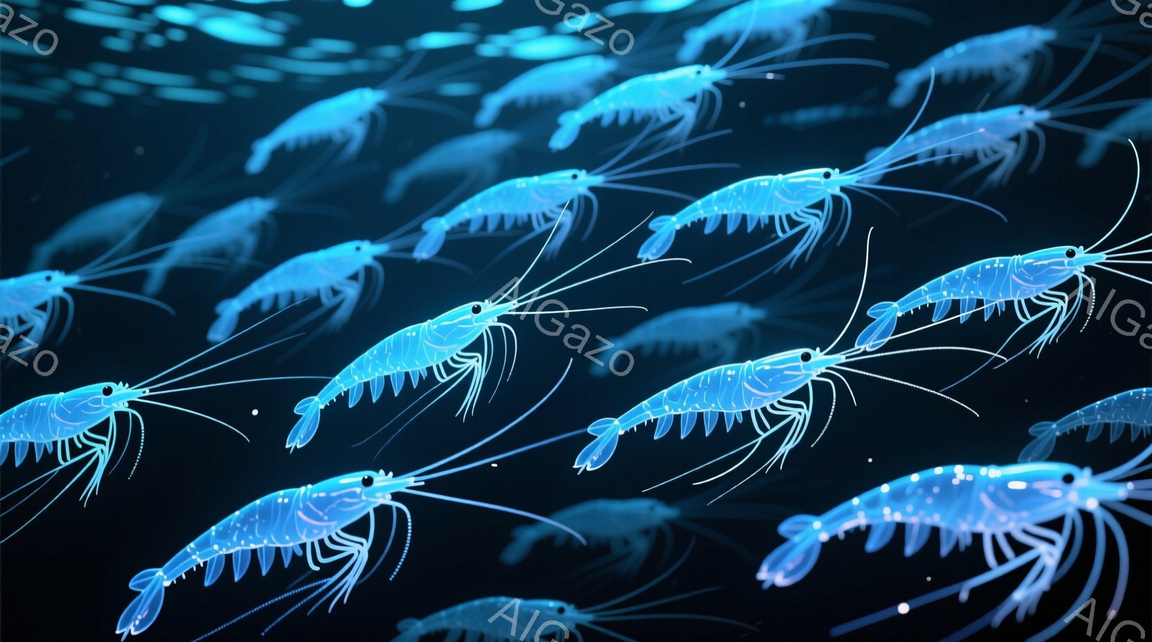 発光するエビのような甲殻類が多数描かれています。エビたちは暗い背景の中で群れをなし、まるで星空のように見えます。全体的に神秘的で幻想的な雰囲気を醸し出しています。