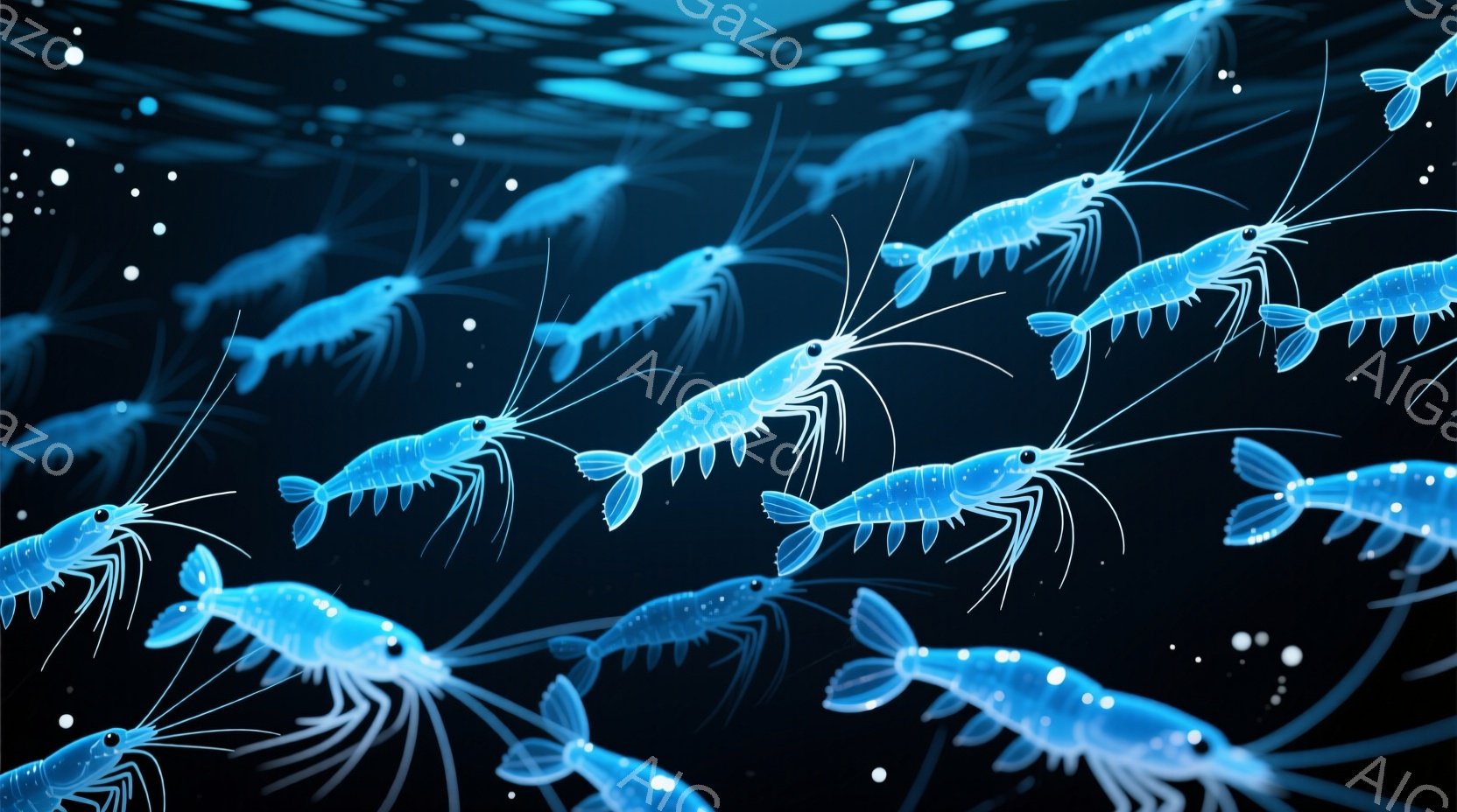 深い青色の背景に、光るエビの群れが描かれています。エビは半透明で、まるで夜光のように輝いており、ゆらゆらと漂っているように見えます。全体的に幻想的で、深海のような静寂と神秘的な雰囲気が漂っています。