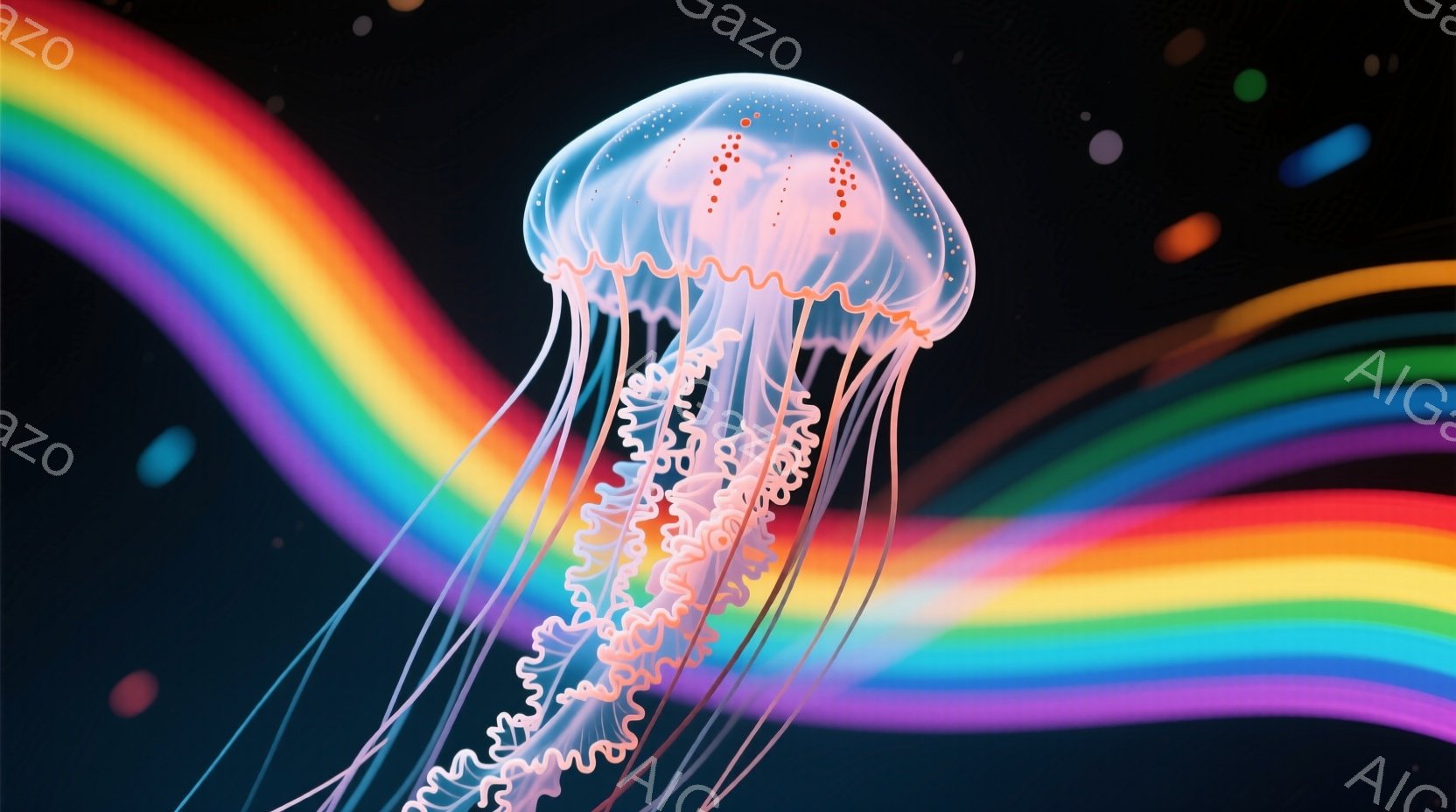 鮮やかな虹色の光が広がる暗い背景に、透き通ったクラゲが優雅に漂っている。クラゲの傘は淡いピンク色で、触手は細く長く、キラキラと輝いている。全体的に幻想的で、どこか神秘的な雰囲気を醸し出している。