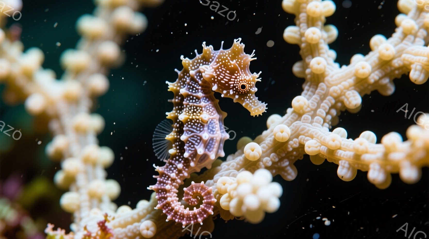 海馬が、明るいクリーム色のサンゴに巻き付いており、その体は複雑なパターンで覆われています。海馬の目は鮮やかな金色で、周囲の暗い背景とのコントラストが際立っています。サンゴのテクスチャと海馬の繊細な模様が、静かで神秘的な雰囲気を醸し出しています。