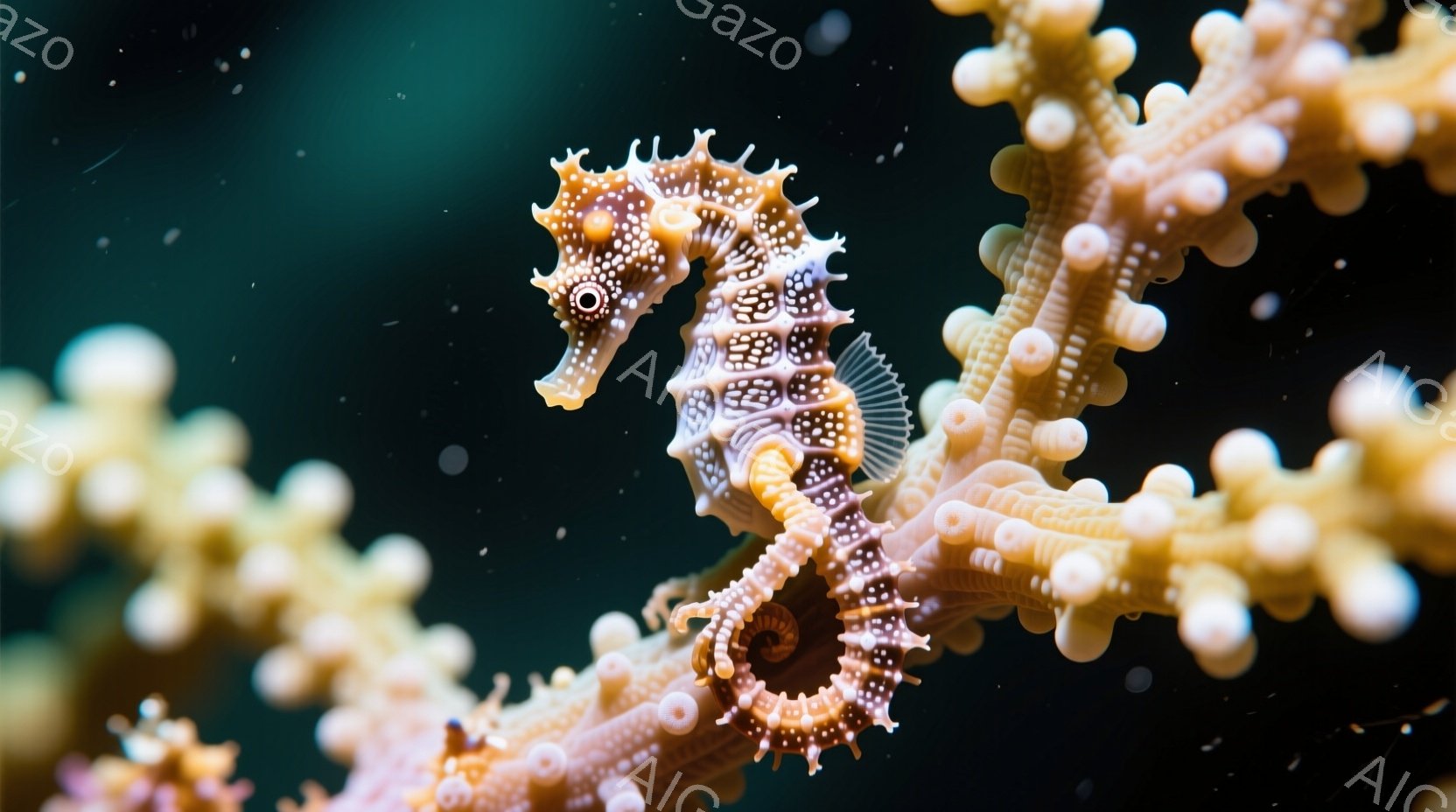 鮮やかなオレンジと白のまだら模様のタツノオトシゴが、白っぽい珊瑚に巻き付いてとどまっています。その体は複雑な模様で覆われ、鋭い口と丸い目が特徴的です。背景は濃い青色で、まるで深海にいるかのような神秘的 - AI生成フリー素材