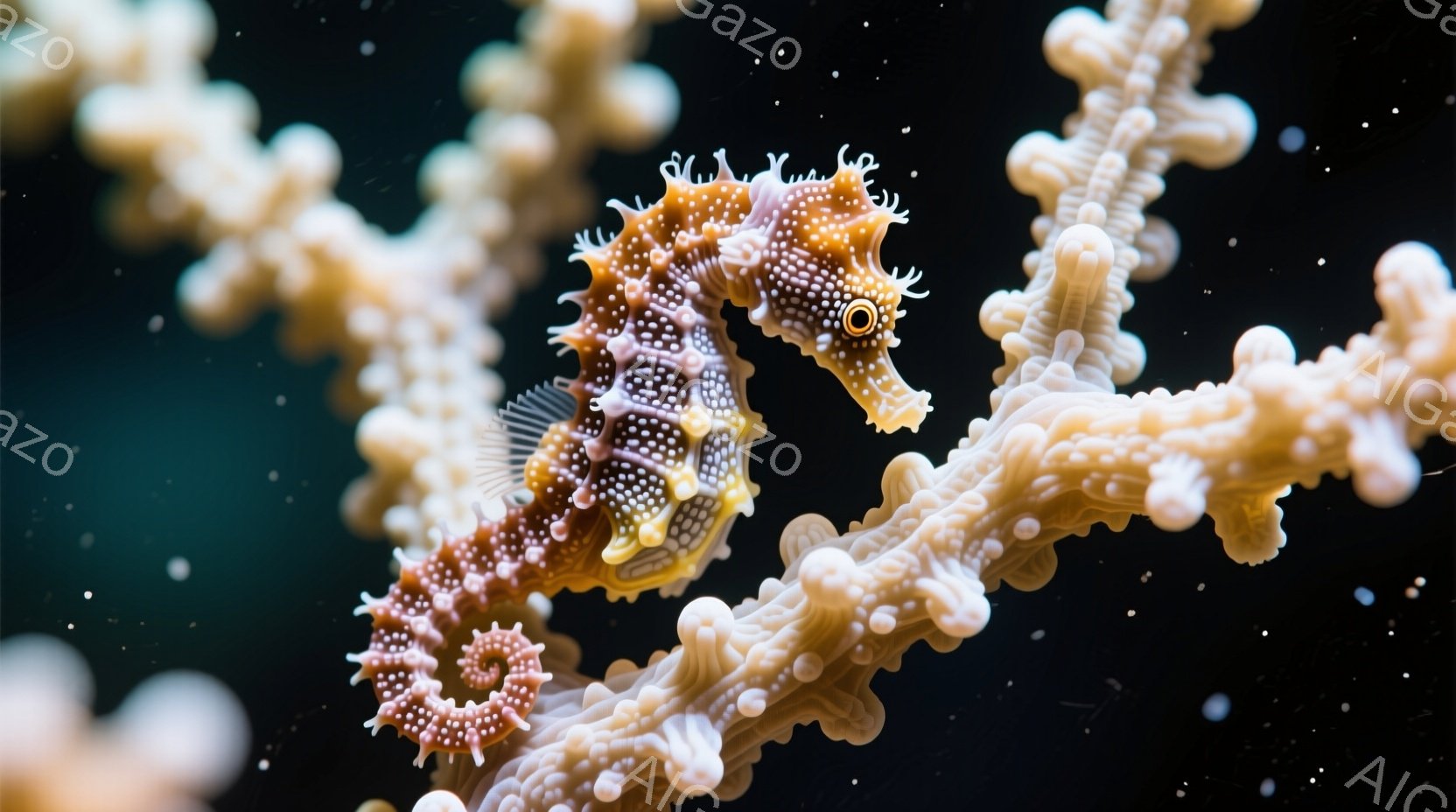 海馬が複雑な形状の珊瑚に巻き付いている様子が捉えられています。その体は茶色と白の縞模様で、珊瑚のクリーム色と見事に調和しています。背景は暗く、海中の神秘的な雰囲気を強調し、海馬の繊細な姿を際立たせています。